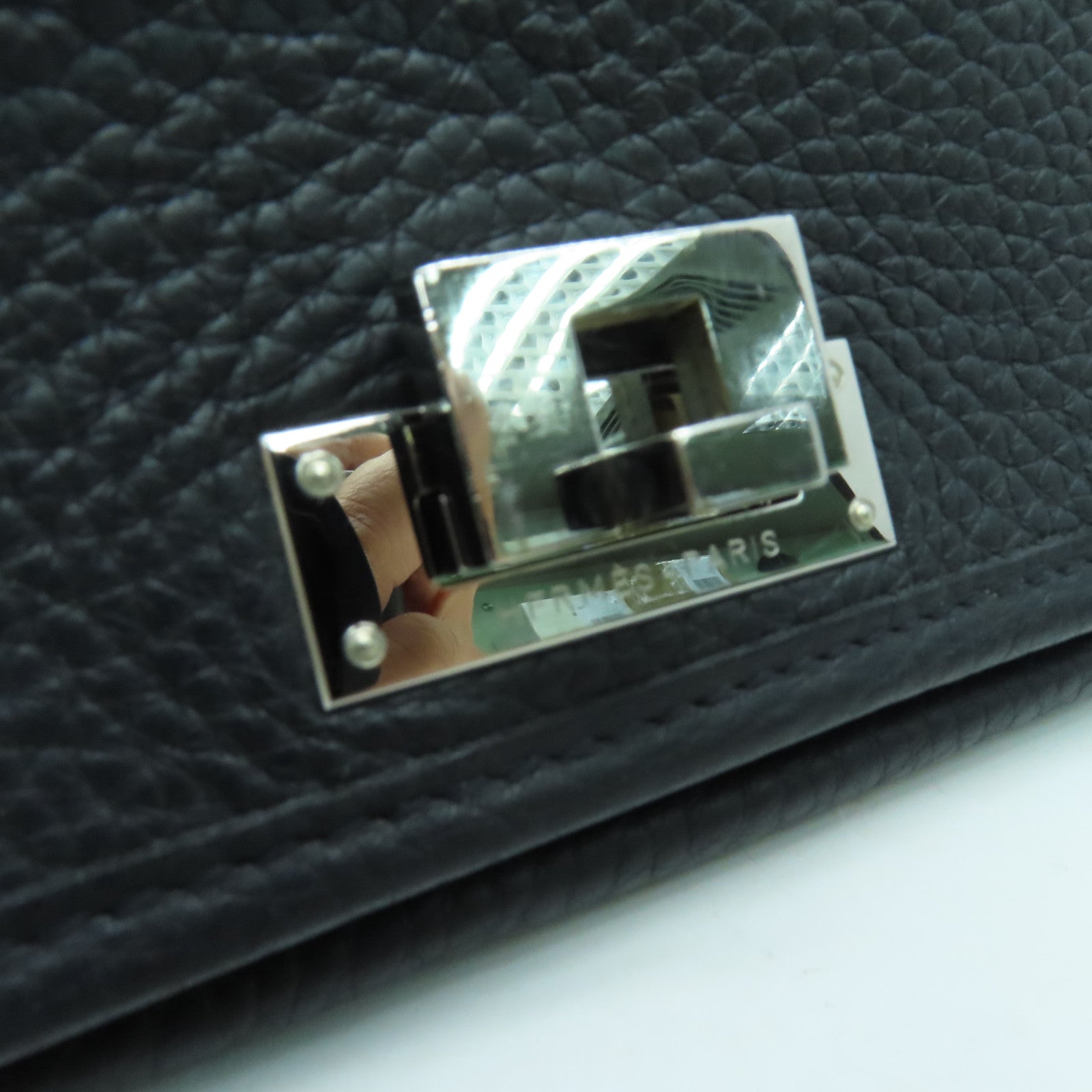 HERMES Clemence Leather Victoria Shoulder Silver Buckle Handle Shoulder Bag Black