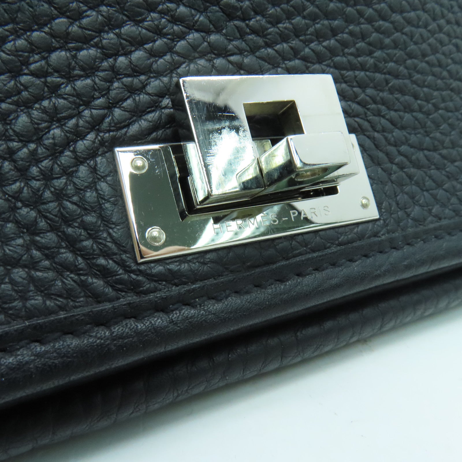 HERMES Clemence Leather Victoria Shoulder Silver Buckle Handle Shoulder Bag Black