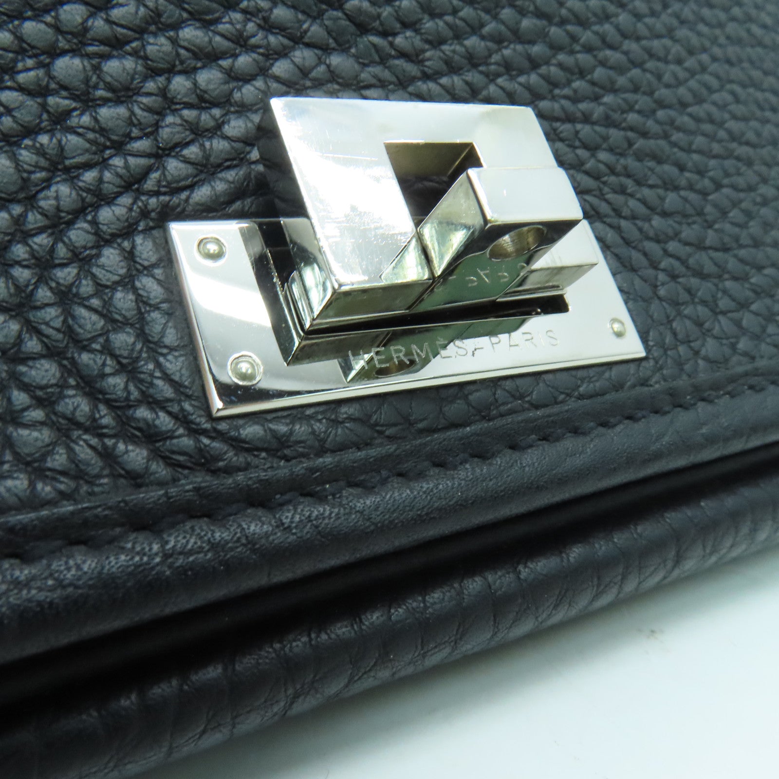 HERMES Clemence Leather Victoria Shoulder Silver Buckle Handle Shoulder Bag Black