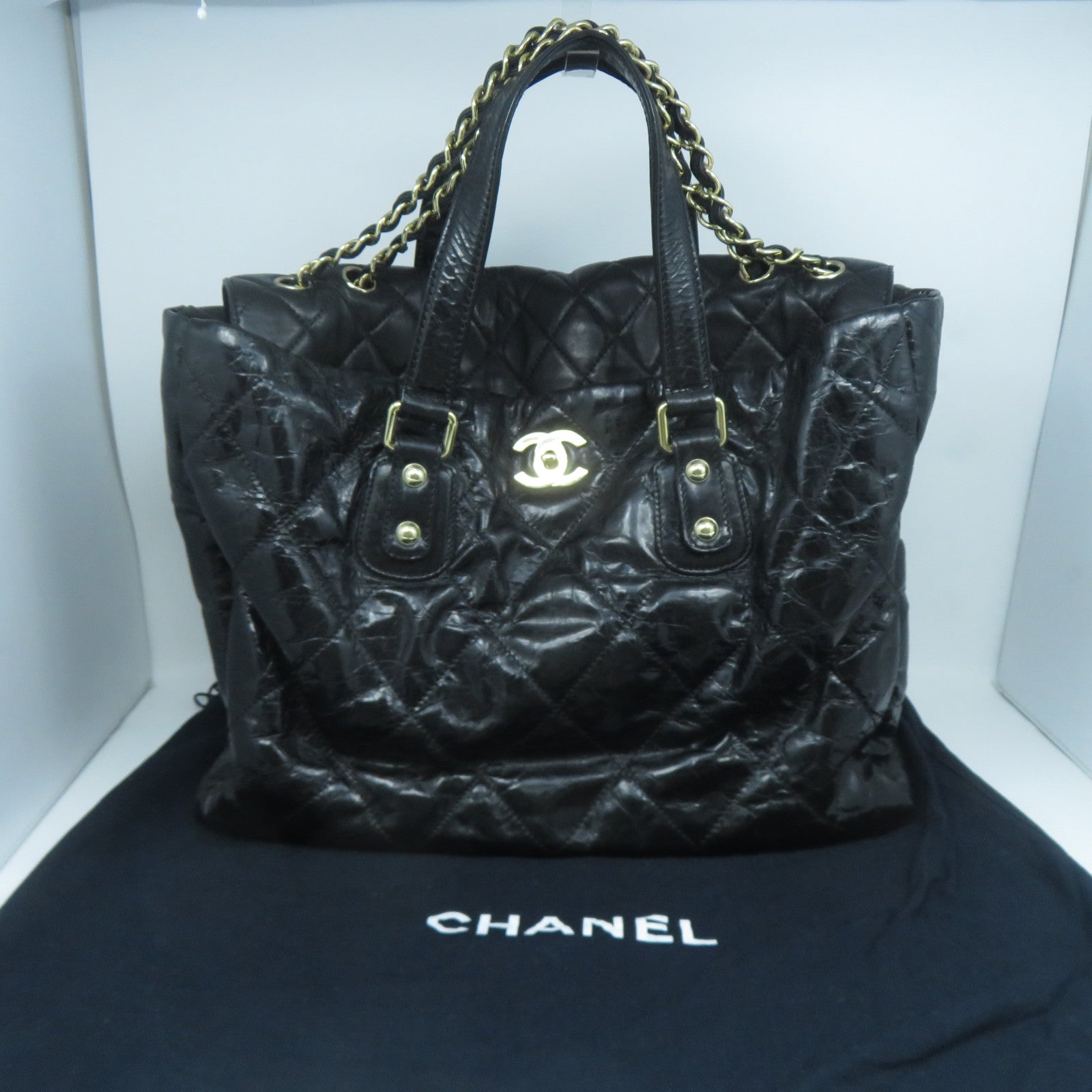 CHANEL 菱格牛皮皮革Chain Shoulder Bag金扣手挽肩背兩用袋黑色