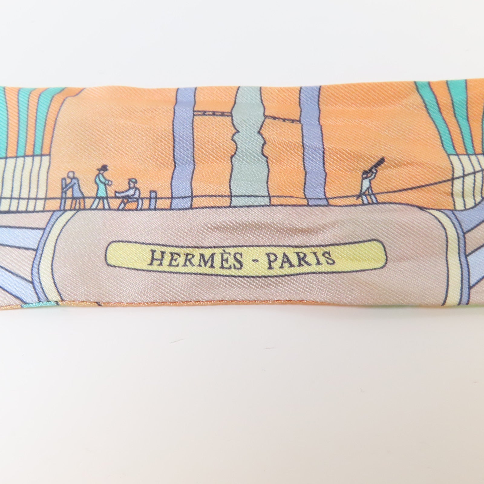 HERMES 絲質Twilly絲巾橙色/米色/綠色