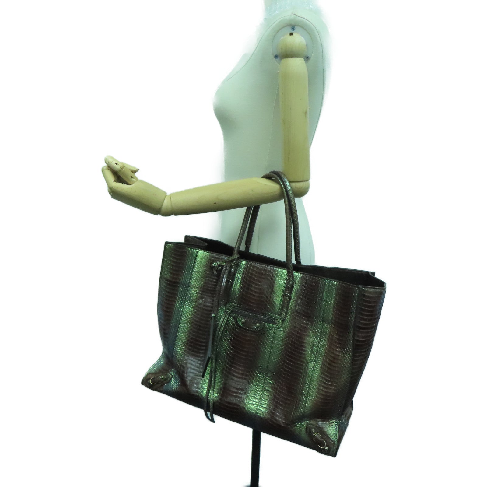 BALENCIAGA 【激減優惠】蛇皮皮革Balenciaga Pepier金扣肩背袋啡色