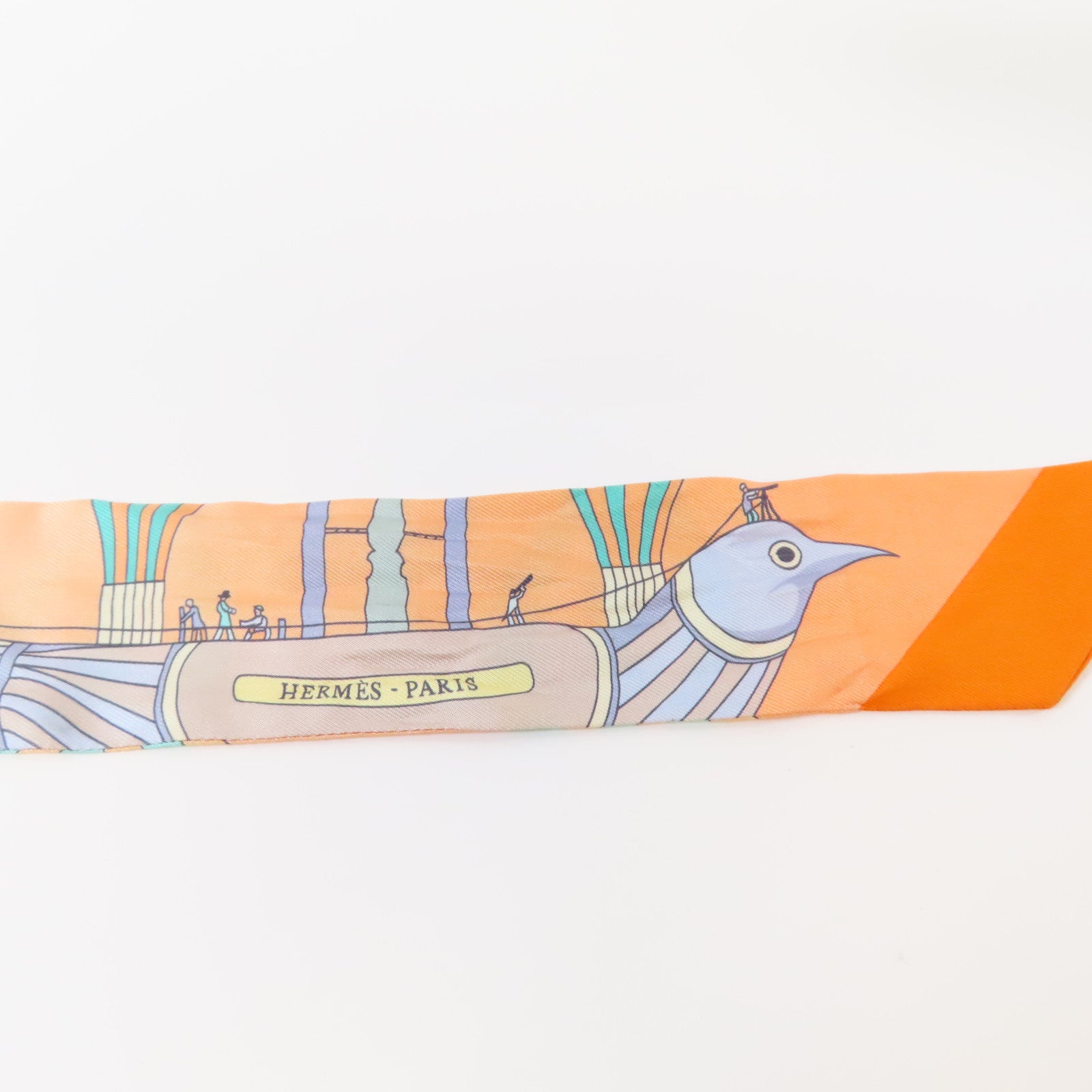 HERMES 絲質Twilly絲巾橙色/米色/綠色
