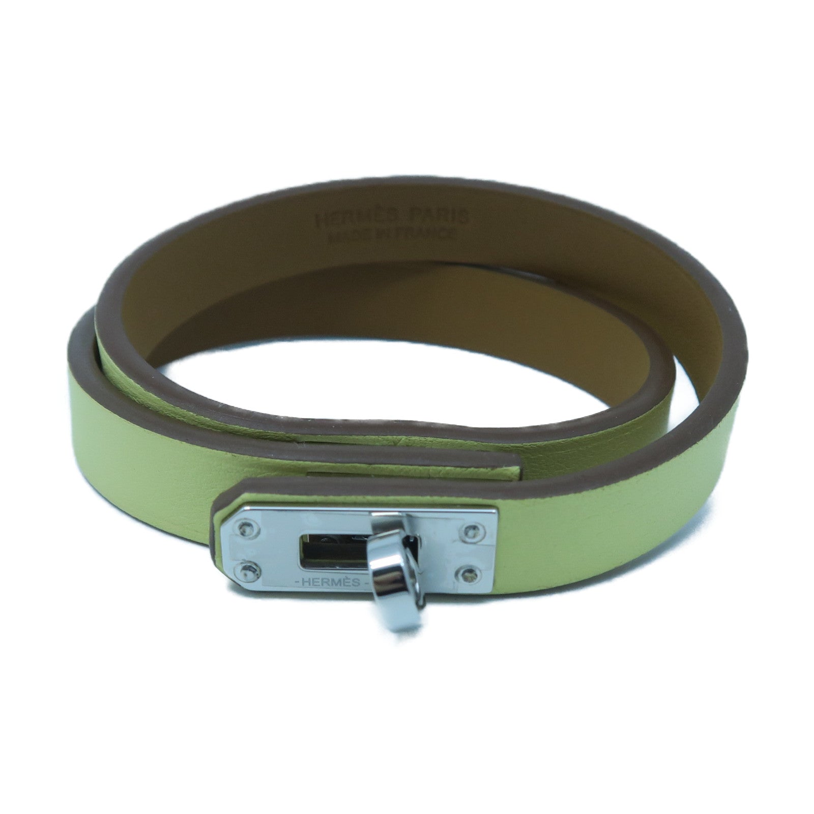HERMES Swift Leather Mini Kelly Double Tour Bracelet Silver Buckle Bracelet Limoncello Yellow