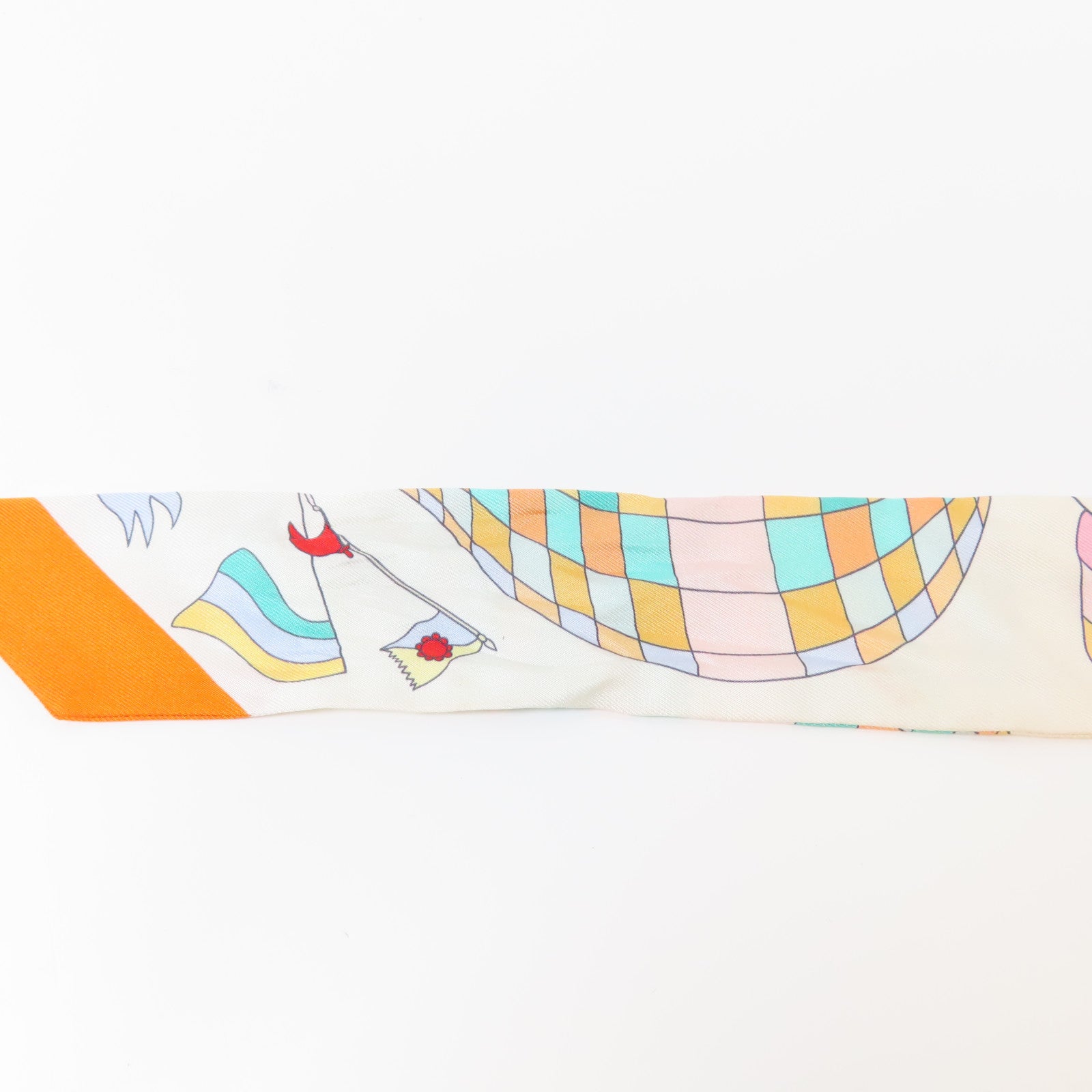 HERMES 絲質Twilly絲巾橙色/米色/綠色