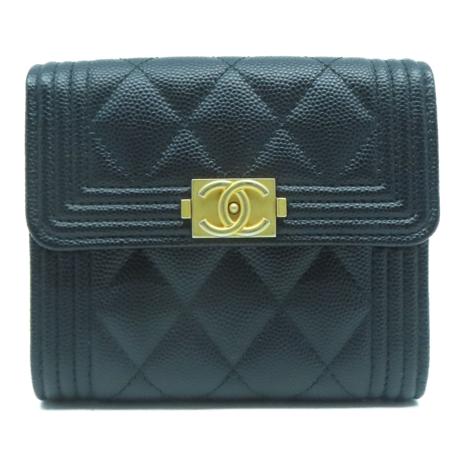 CHANEL 菱格Caviar皮革Boy Wallet金扣錢包黑色