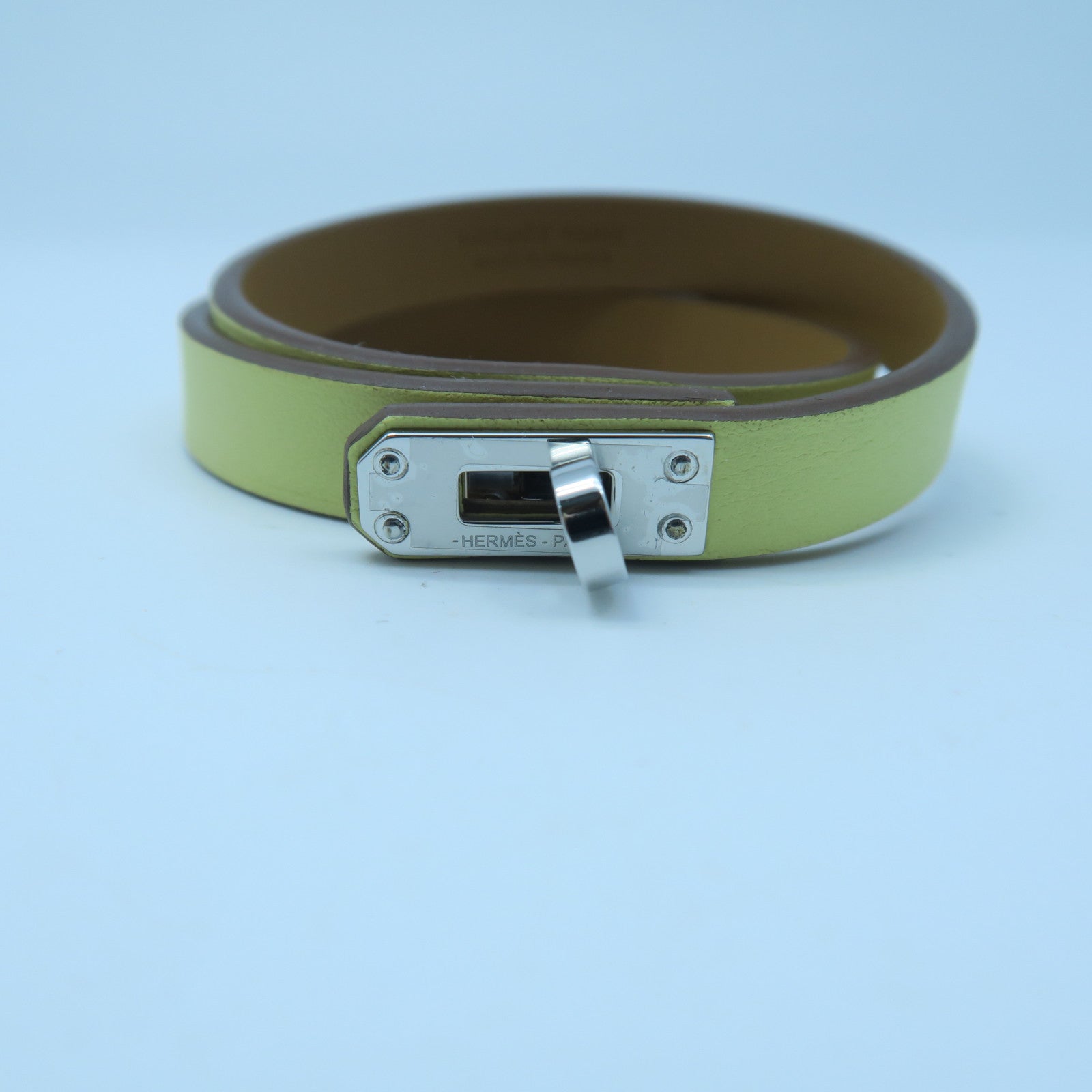 HERMES Swift Leather Mini Kelly Double Tour Bracelet Silver Buckle Bracelet Limoncello Yellow