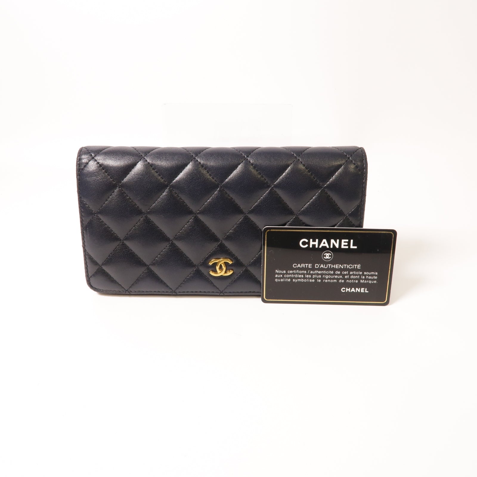 CHANEL 菱格羊皮皮革Long Wallet金扣長錢包黑色