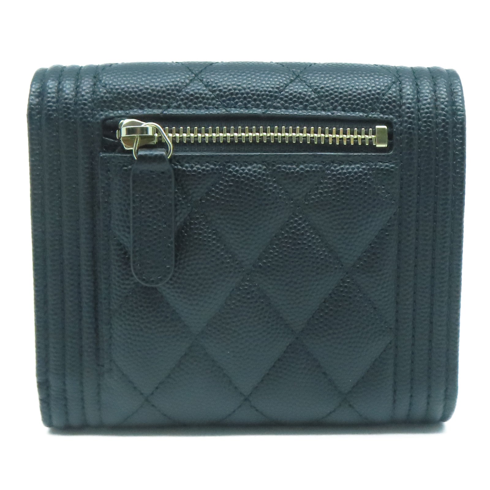 CHANEL 菱格Caviar皮革Boy Wallet金扣錢包黑色