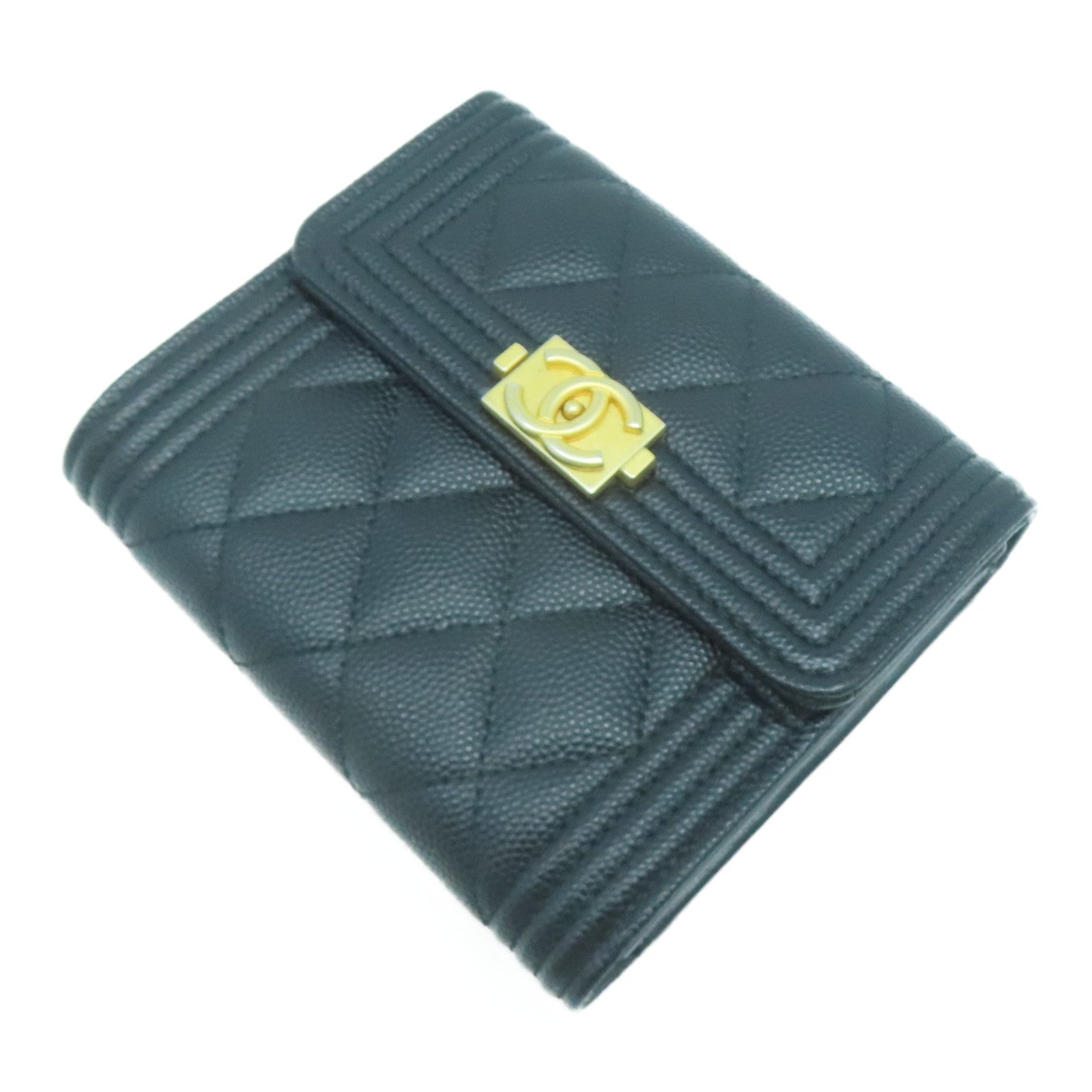 CHANEL 菱格Caviar皮革Boy Wallet金扣錢包黑色