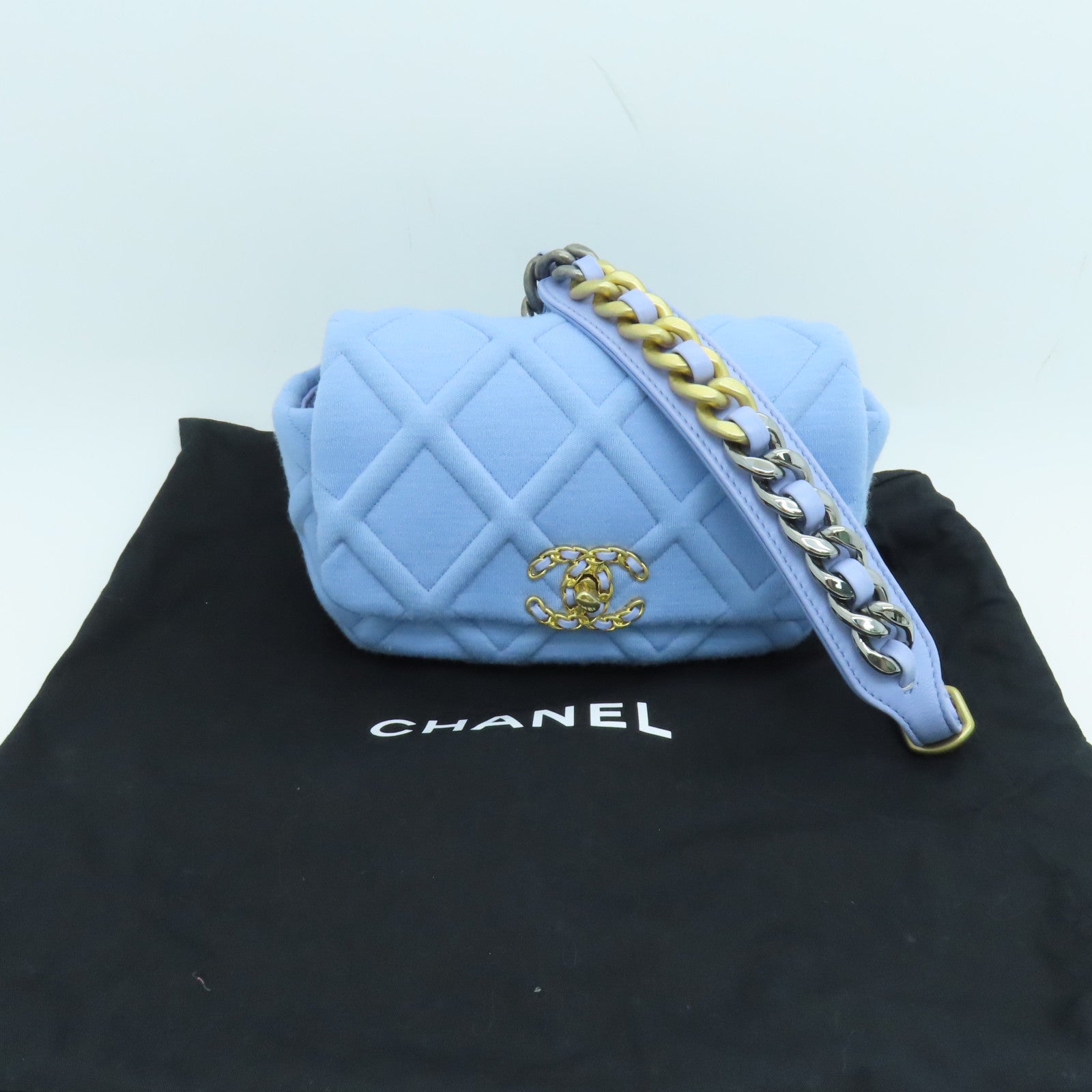 CHANEL rhombic fabric Waist Bag gold buckle purse blue