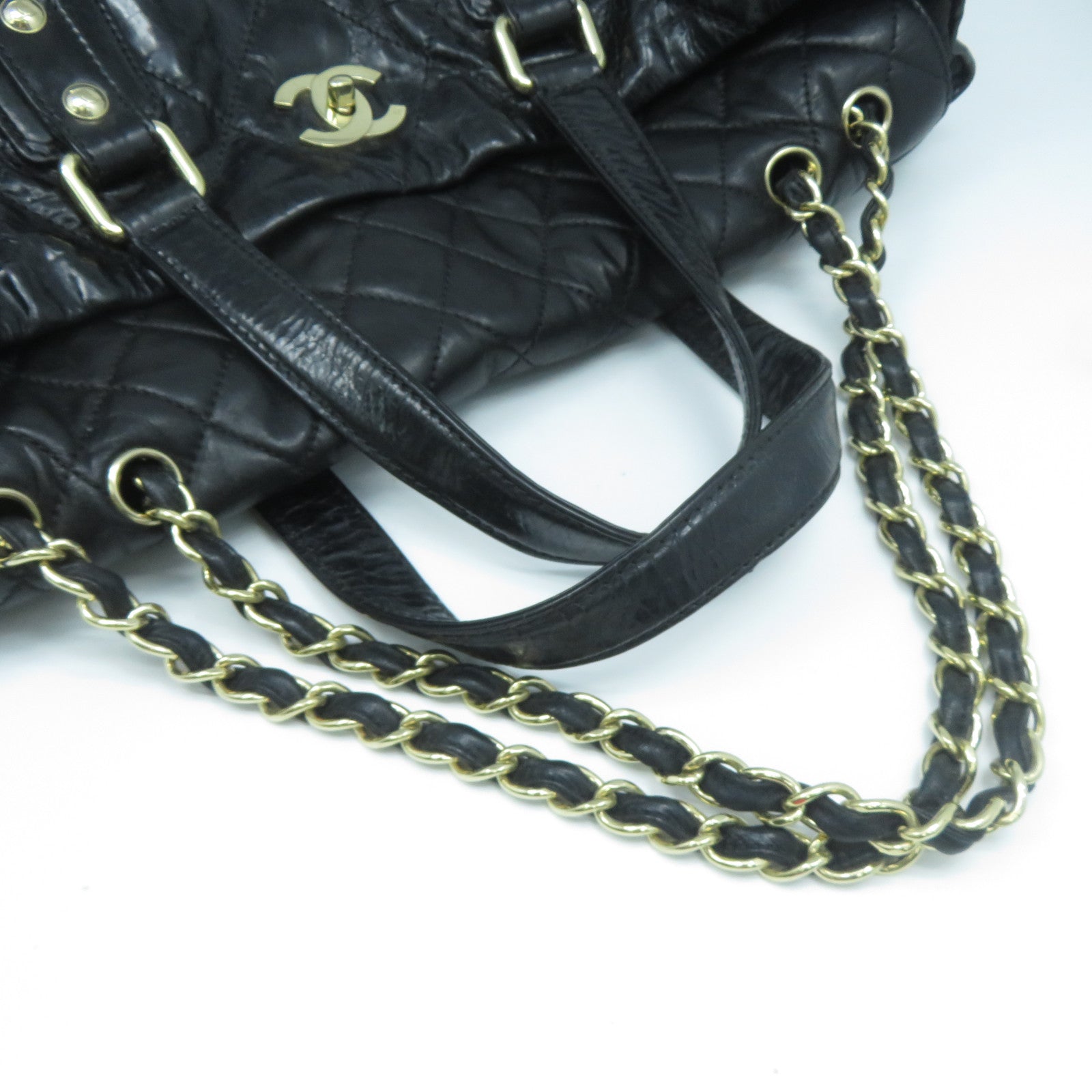 CHANEL 菱格牛皮皮革Chain Shoulder Bag金扣手挽肩背兩用袋黑色