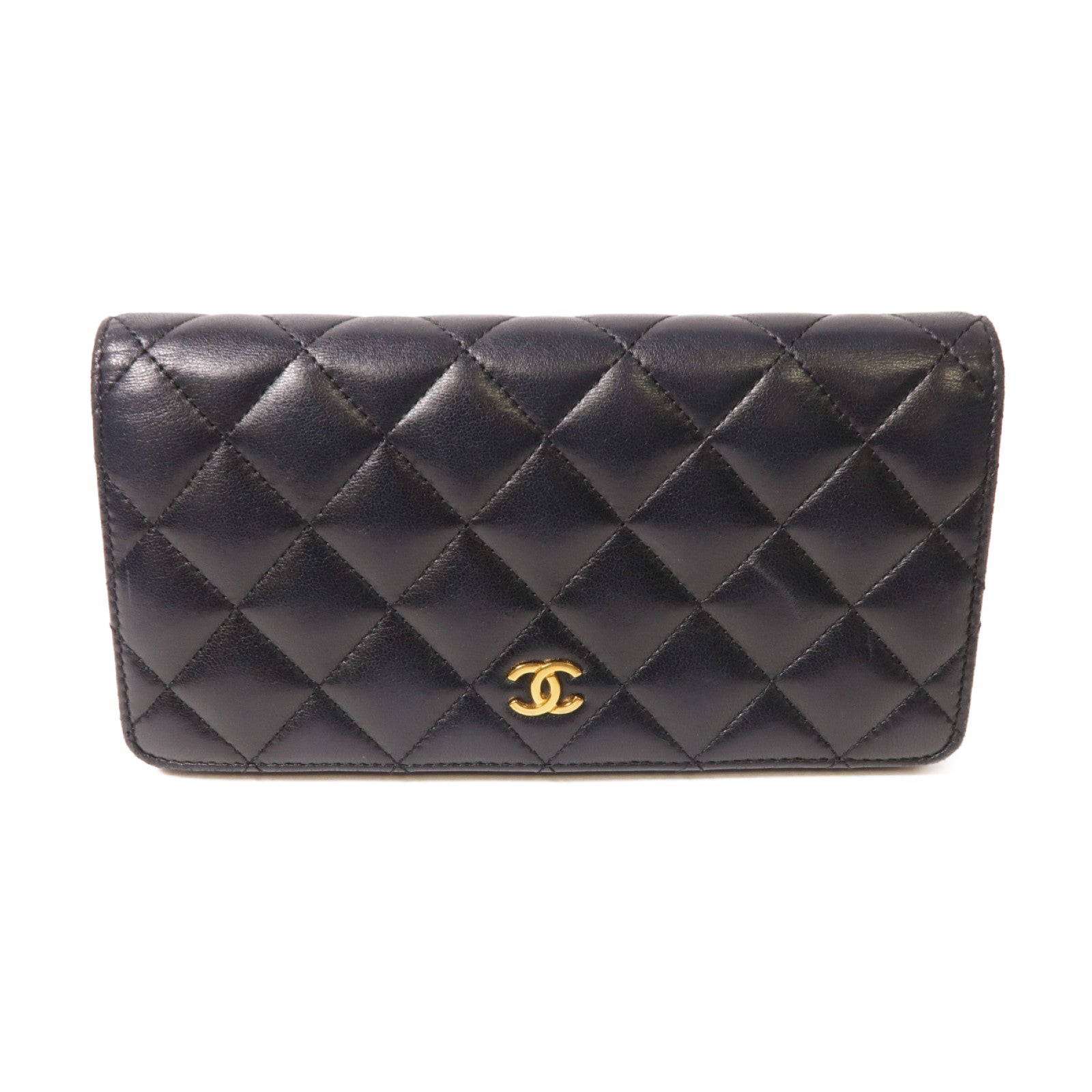 CHANEL 菱格羊皮皮革Long Wallet金扣長錢包黑色