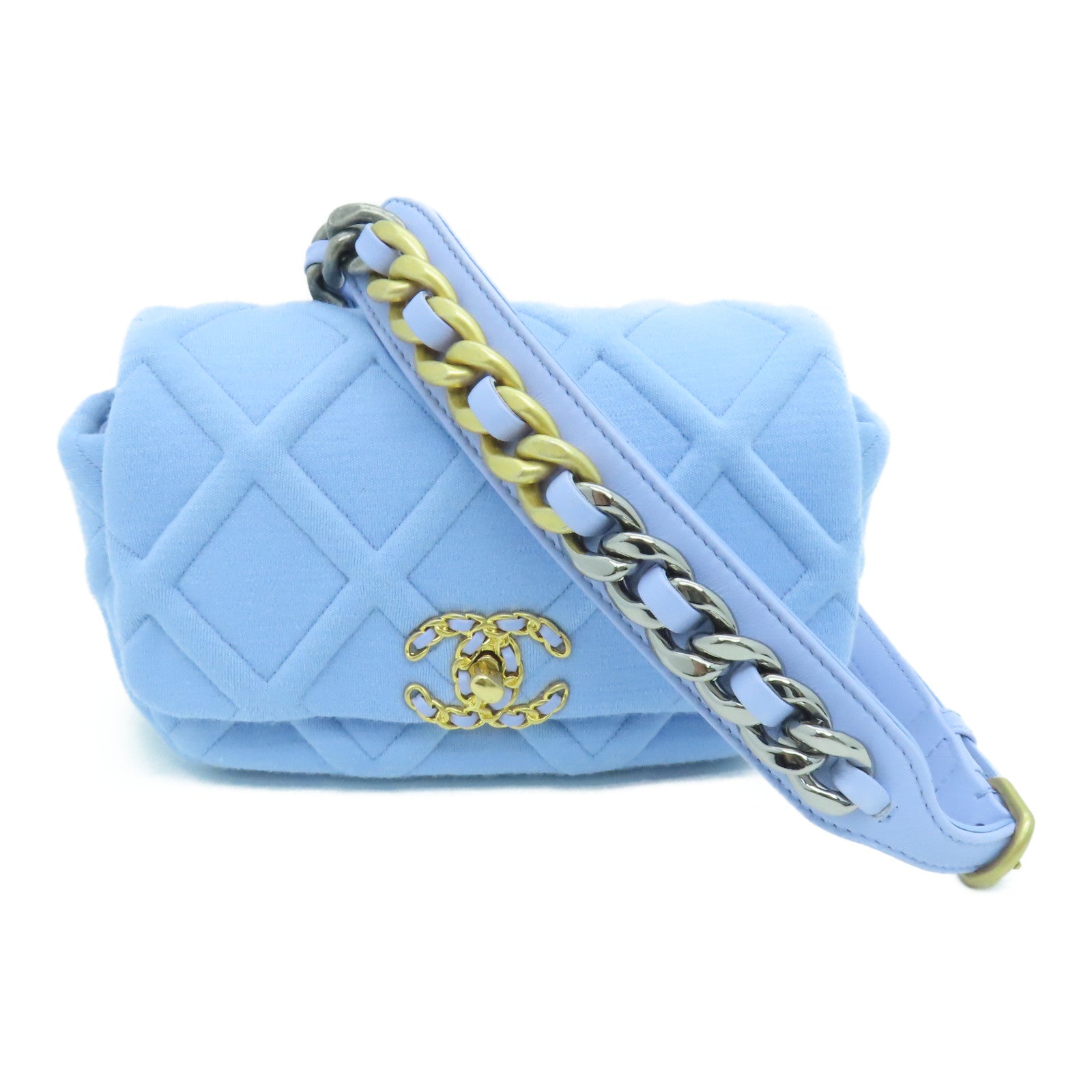 CHANEL rhombic fabric Waist Bag gold buckle purse blue