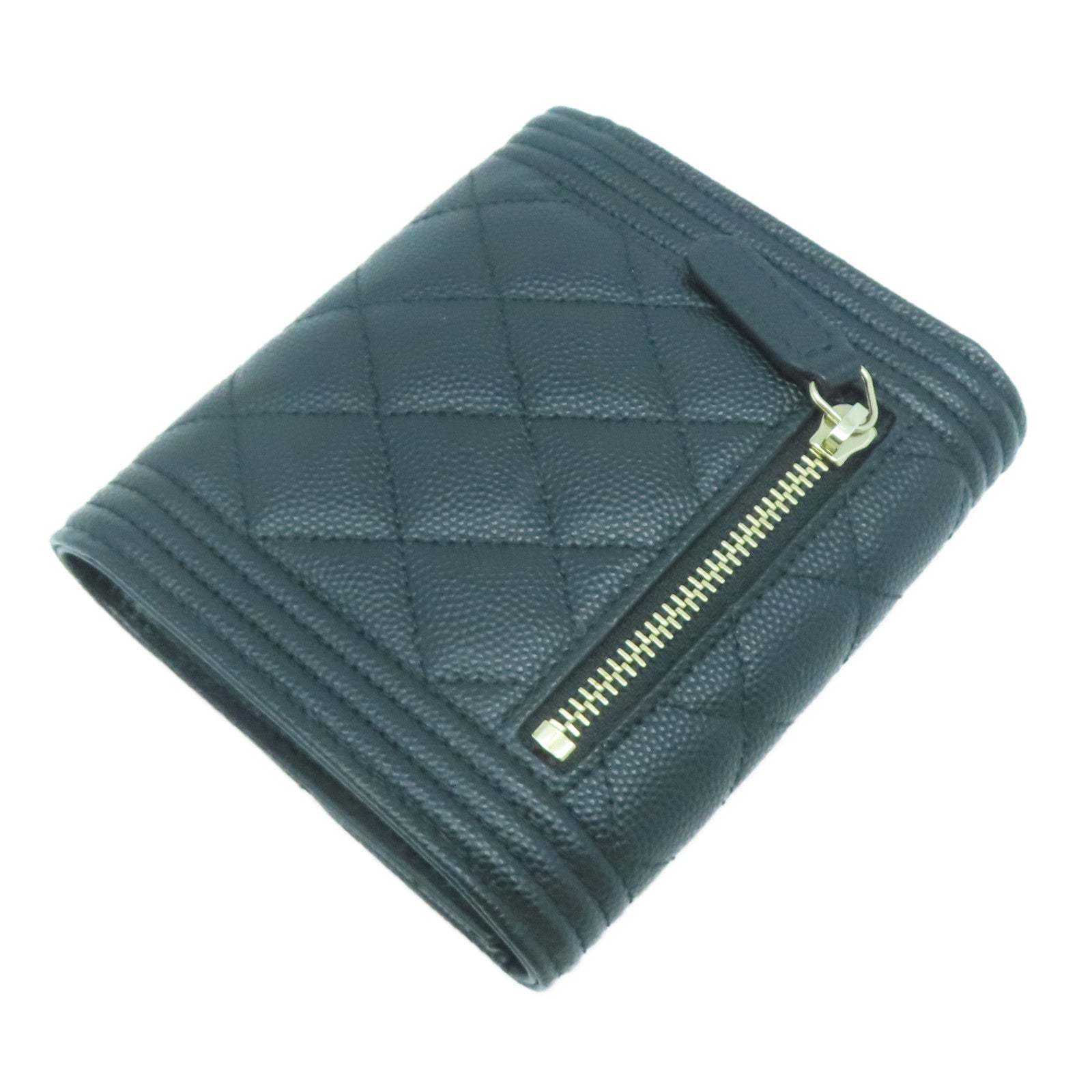 CHANEL 菱格Caviar皮革Boy Wallet金扣錢包黑色
