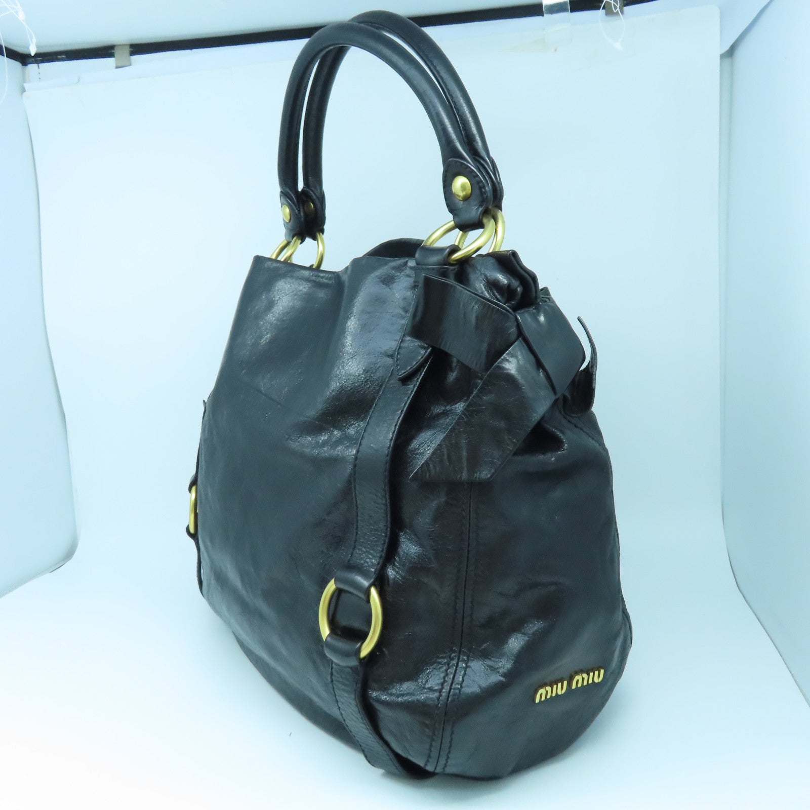 Miu Miu Sheepskin Leather Shoulder Bag Gold Buckle Black