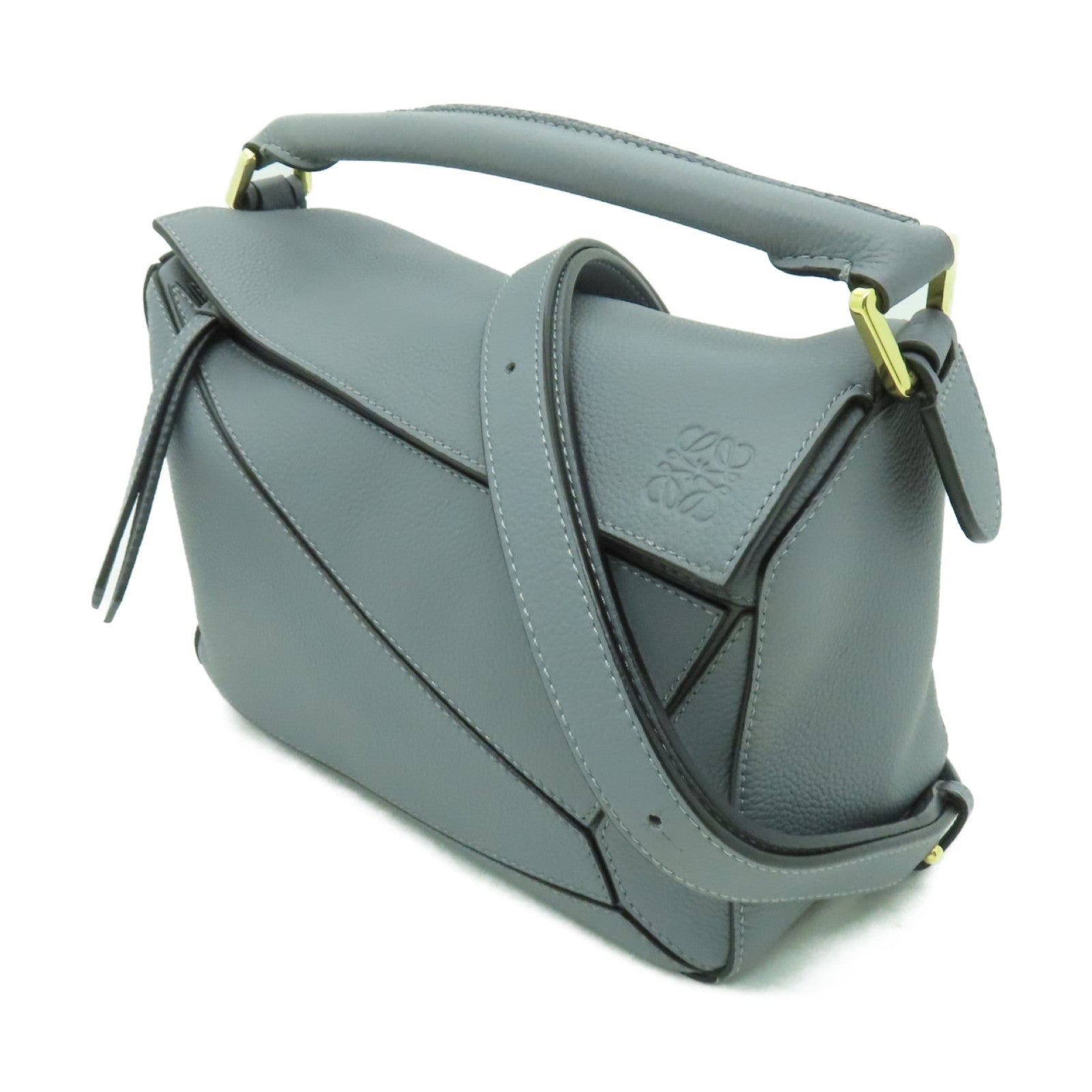 LOEWE 牛皮皮革Puzzle Small Bag金扣手挽肩背兩用袋灰色