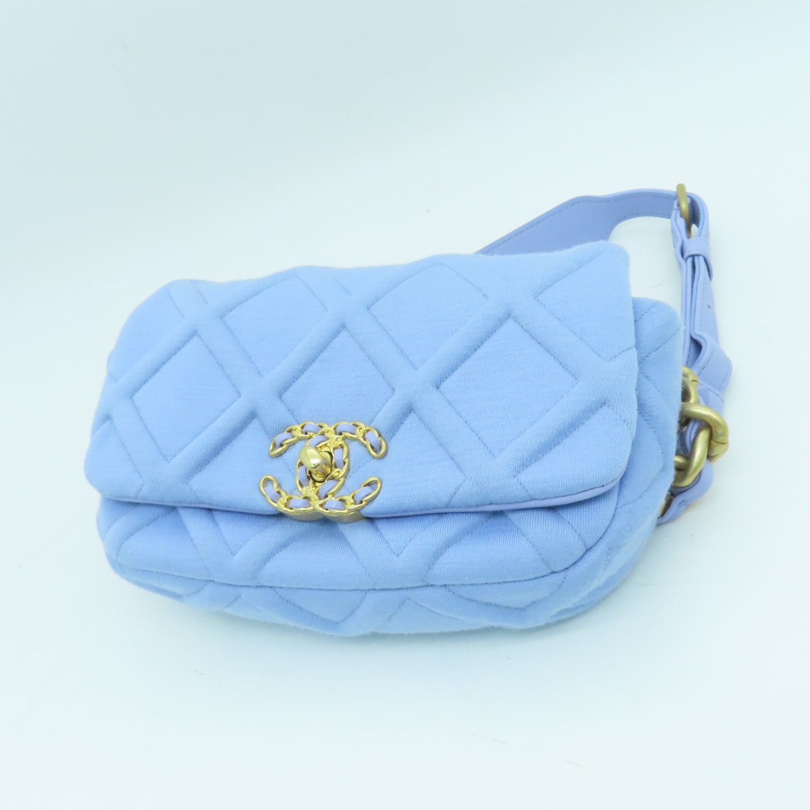 CHANEL rhombic fabric Waist Bag gold buckle purse blue