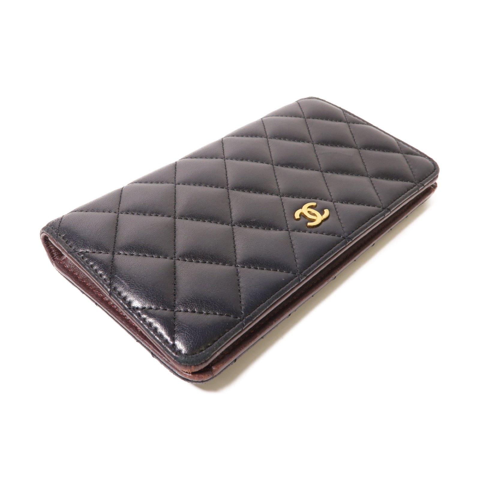 CHANEL 菱格羊皮皮革Long Wallet金扣長錢包黑色