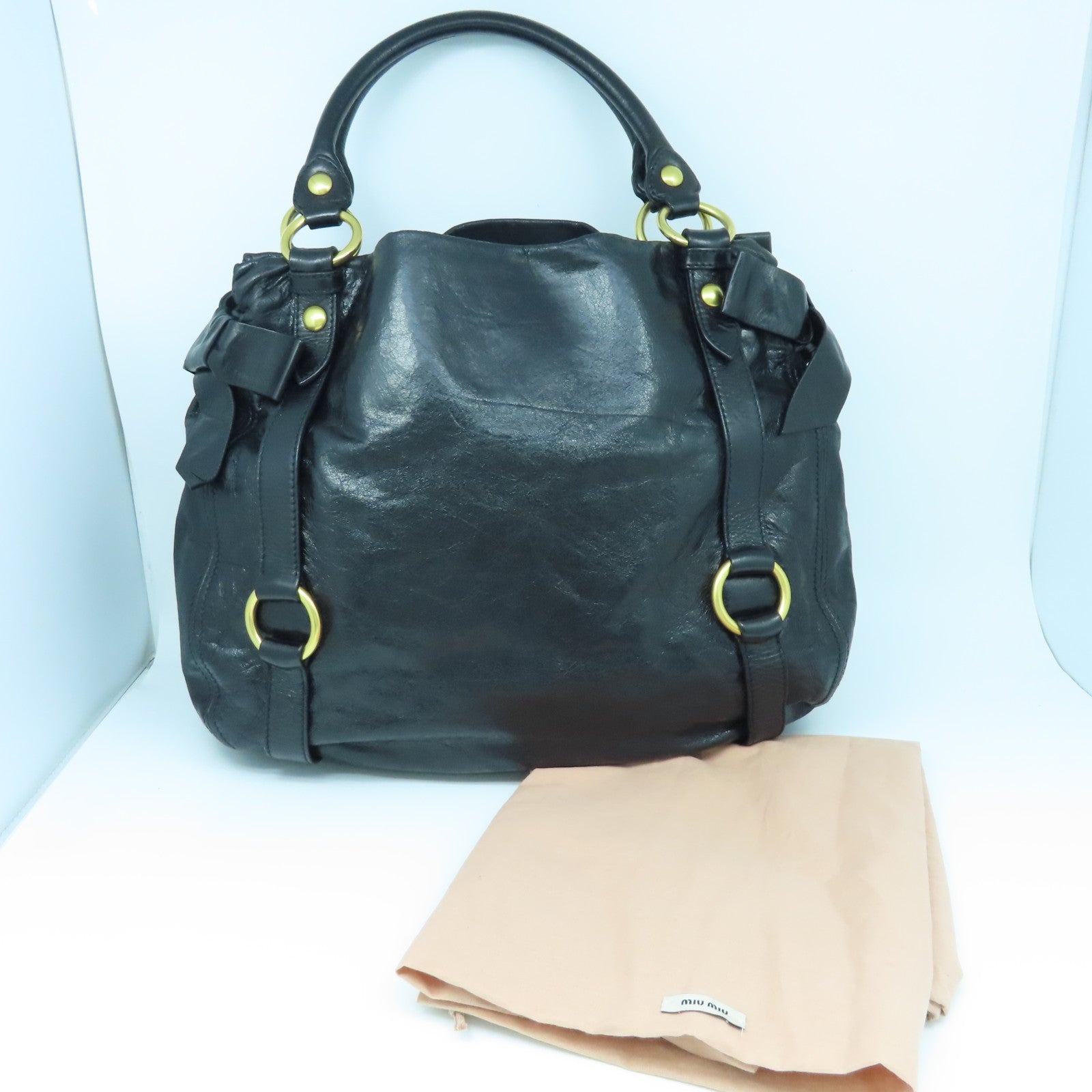 Miu Miu Sheepskin Leather Shoulder Bag Gold Buckle Black