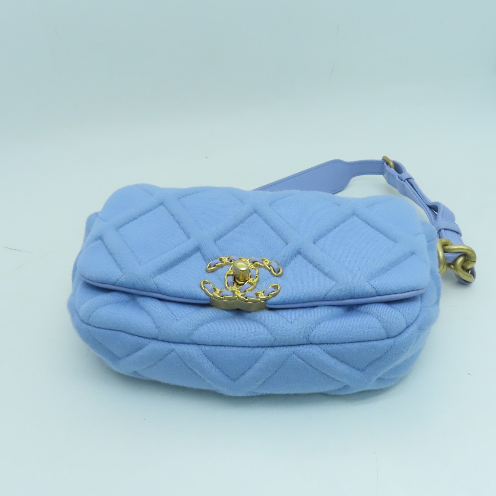 CHANEL rhombic fabric Waist Bag gold buckle purse blue