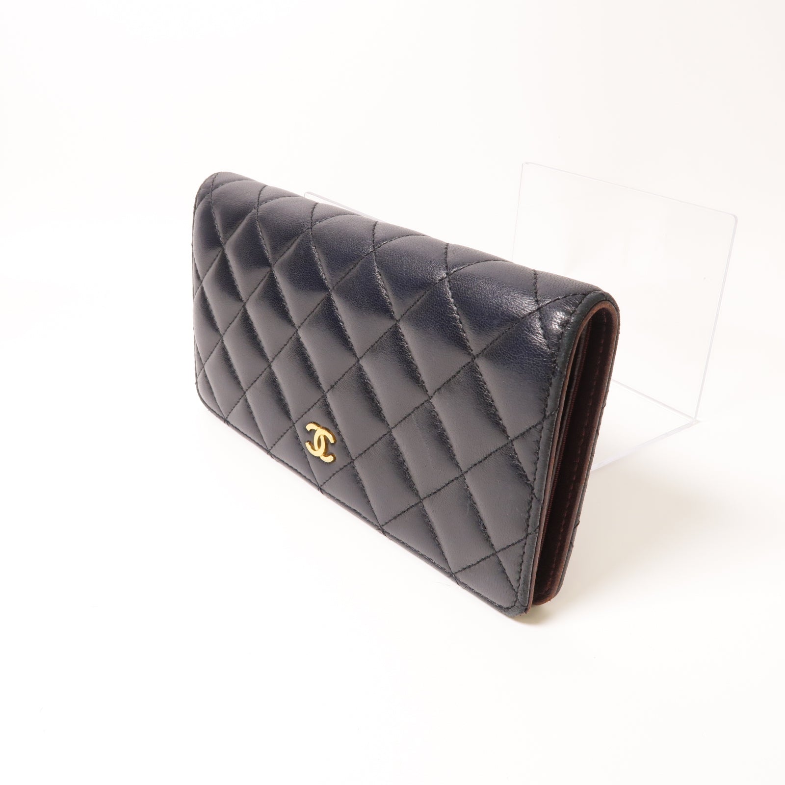 CHANEL 菱格羊皮皮革Long Wallet金扣長錢包黑色