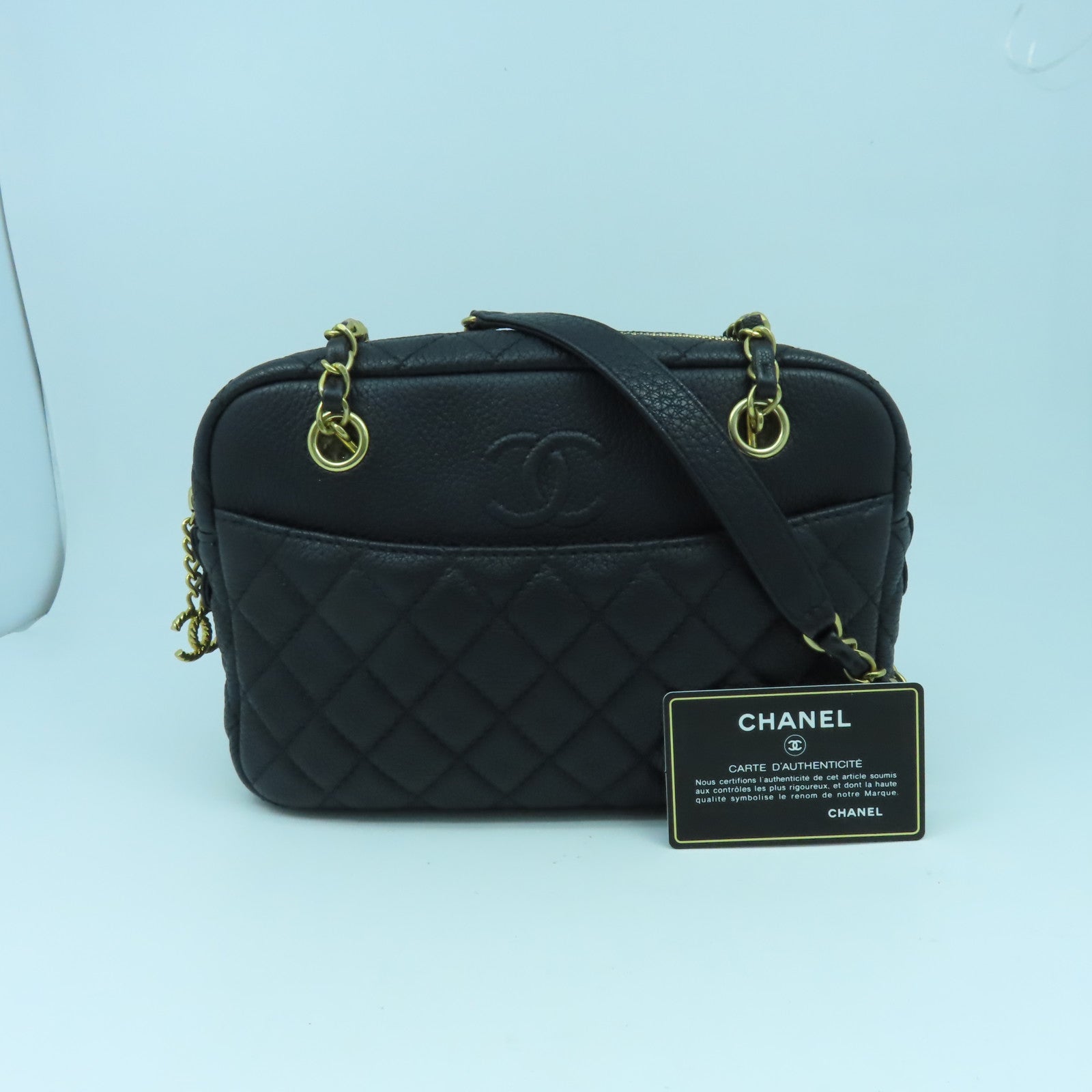 CHANEL 菱格牛皮皮革Chain Shoulder金扣鏈帶肩背袋黑色