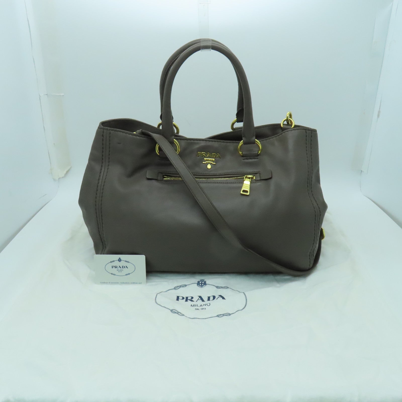 PRADA 牛皮皮革2 Way Shoulder金扣手挽肩背兩用袋灰色