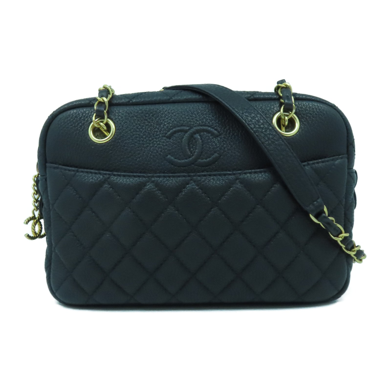 CHANEL 菱格牛皮皮革Chain Shoulder金扣鏈帶肩背袋黑色