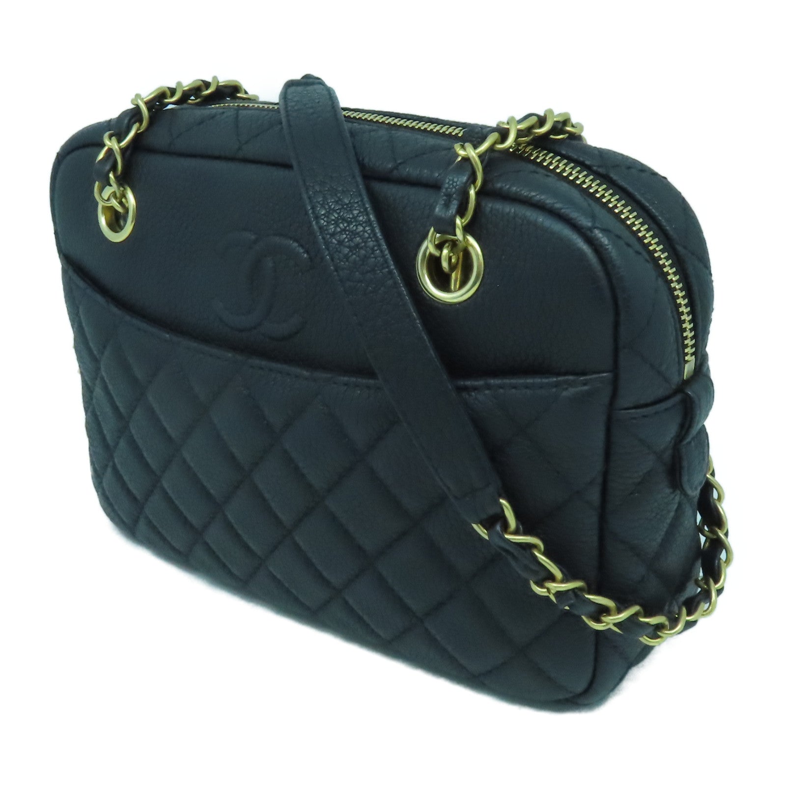 CHANEL 菱格牛皮皮革Chain Shoulder金扣鏈帶肩背袋黑色