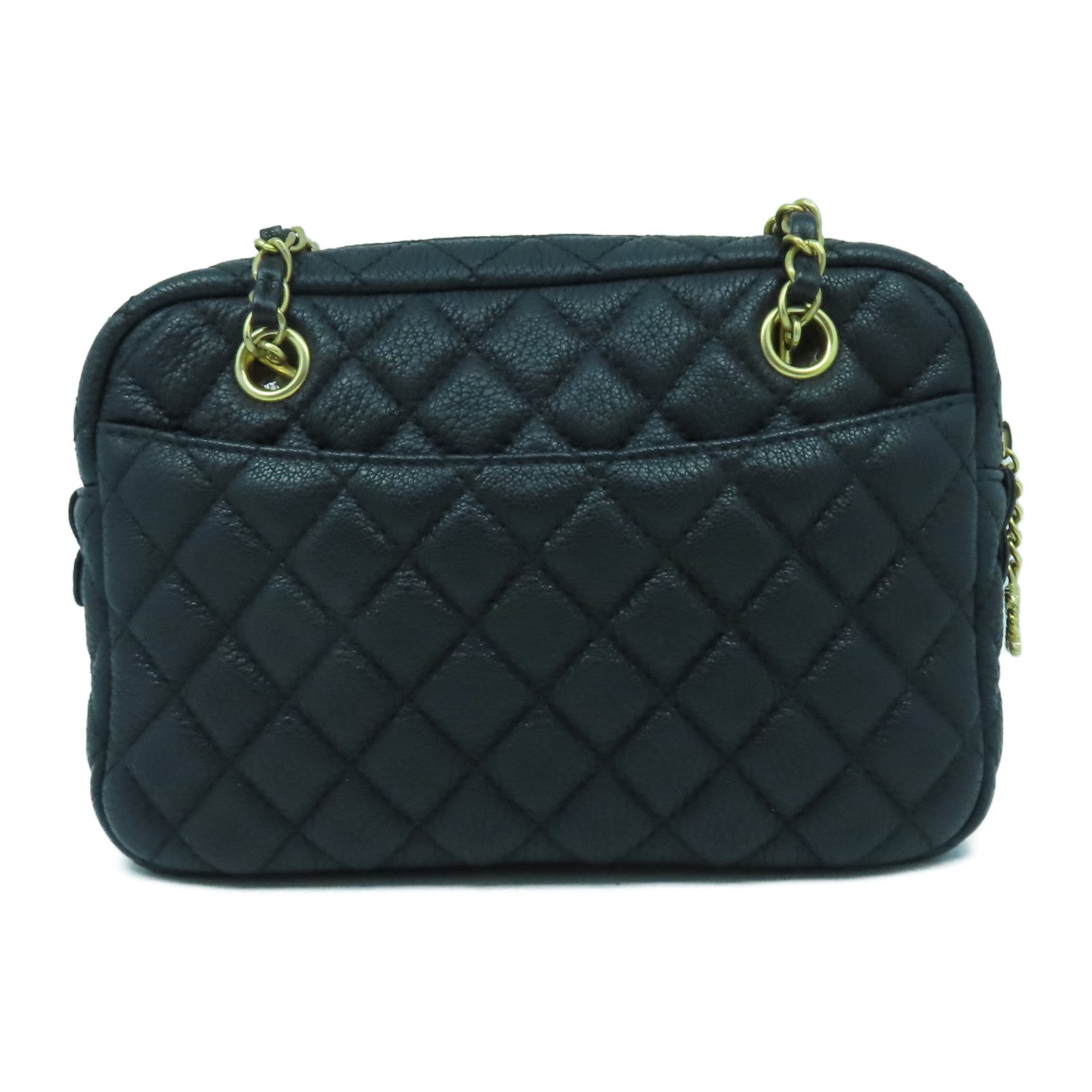 CHANEL 菱格牛皮皮革Chain Shoulder金扣鏈帶肩背袋黑色