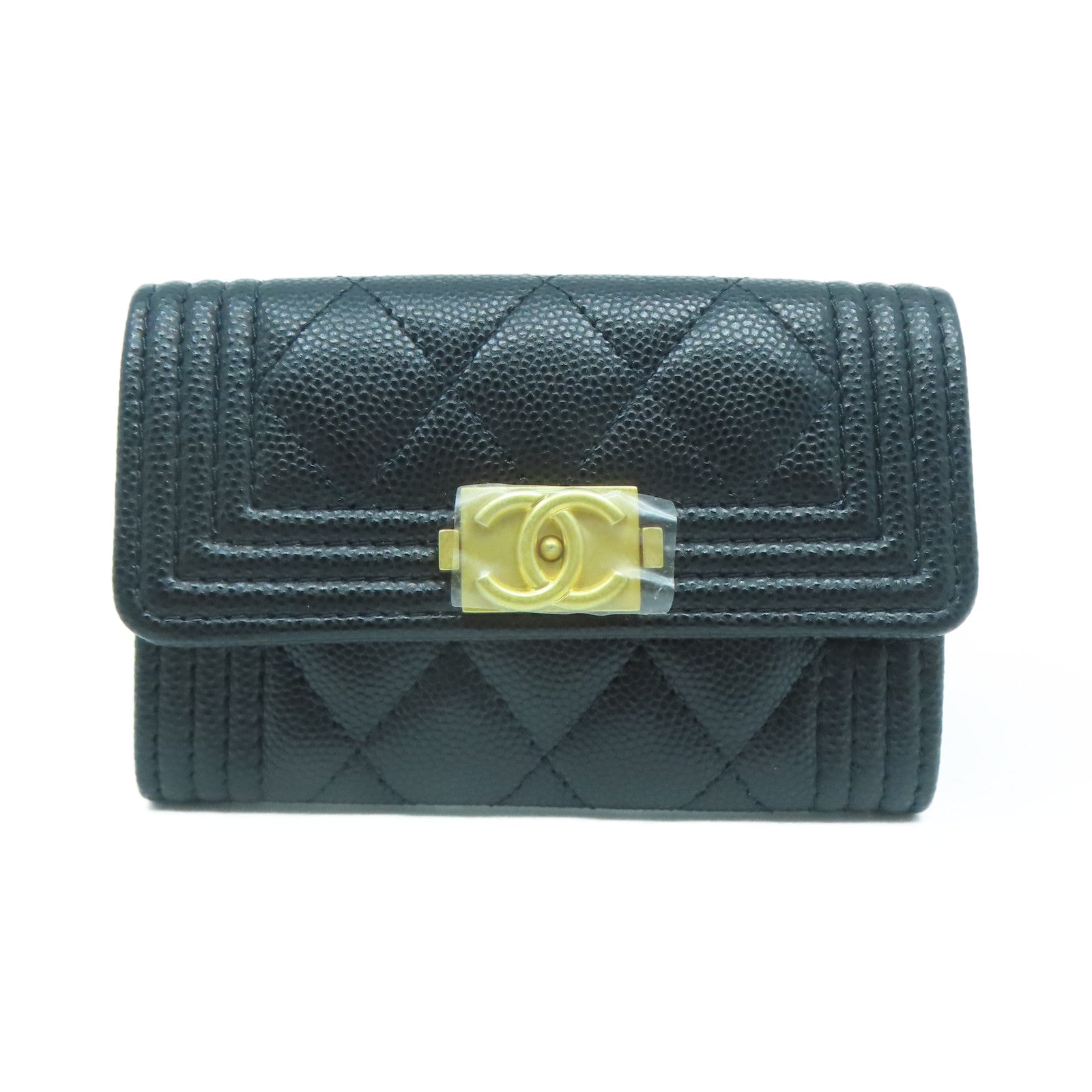 CHANEL 菱格Caviar皮革Boy Card Case金扣卡片套黑色