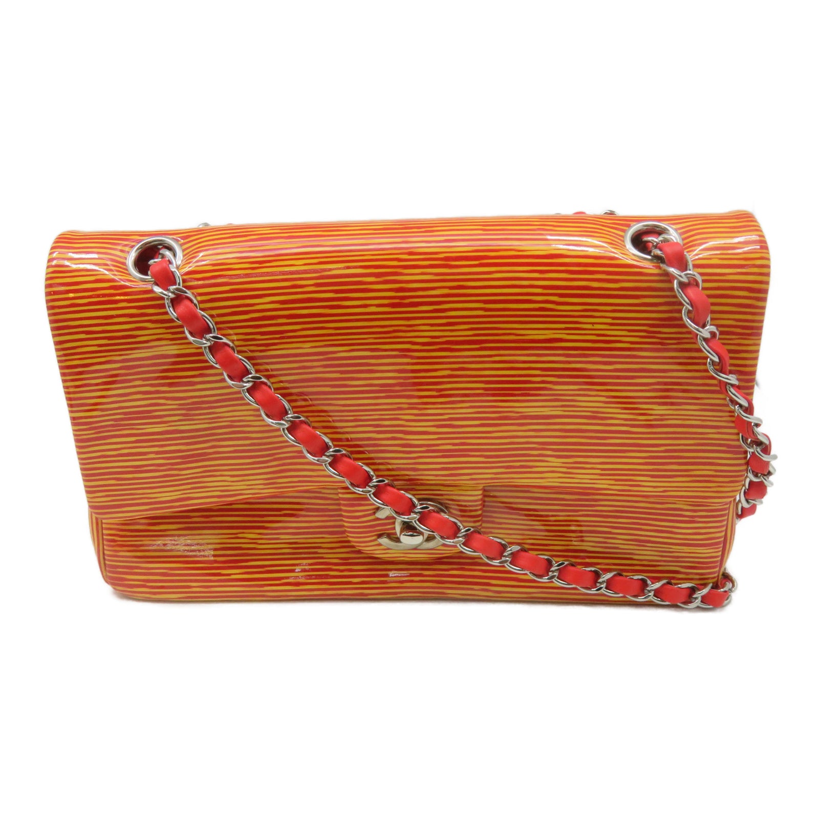 CHANEL [Sharp Discount] Patent Leather Chain Shoulder Silver Buckle Chain Belt Shoulder Bag Orange