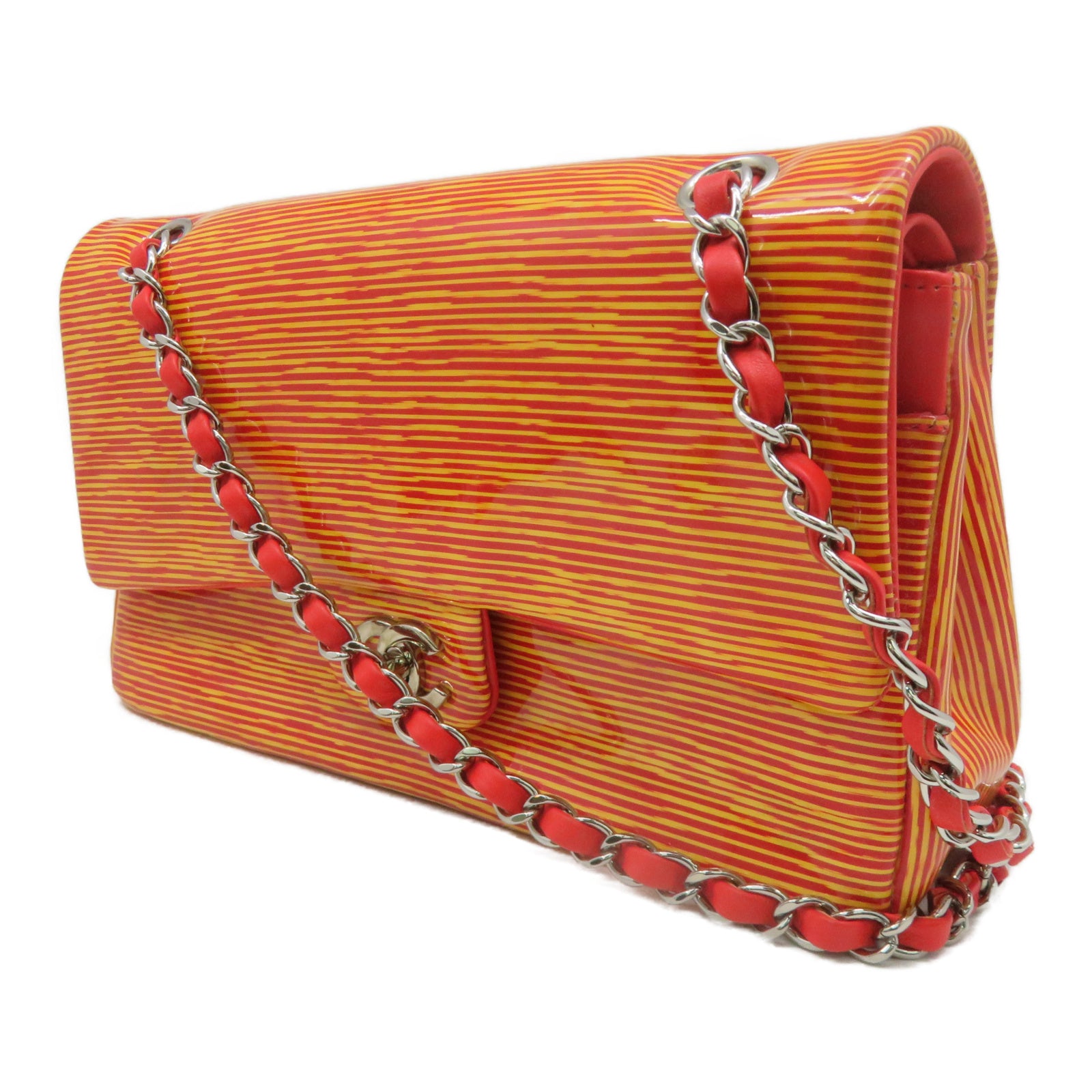 CHANEL [Sharp Discount] Patent Leather Chain Shoulder Silver Buckle Chain Belt Shoulder Bag Orange