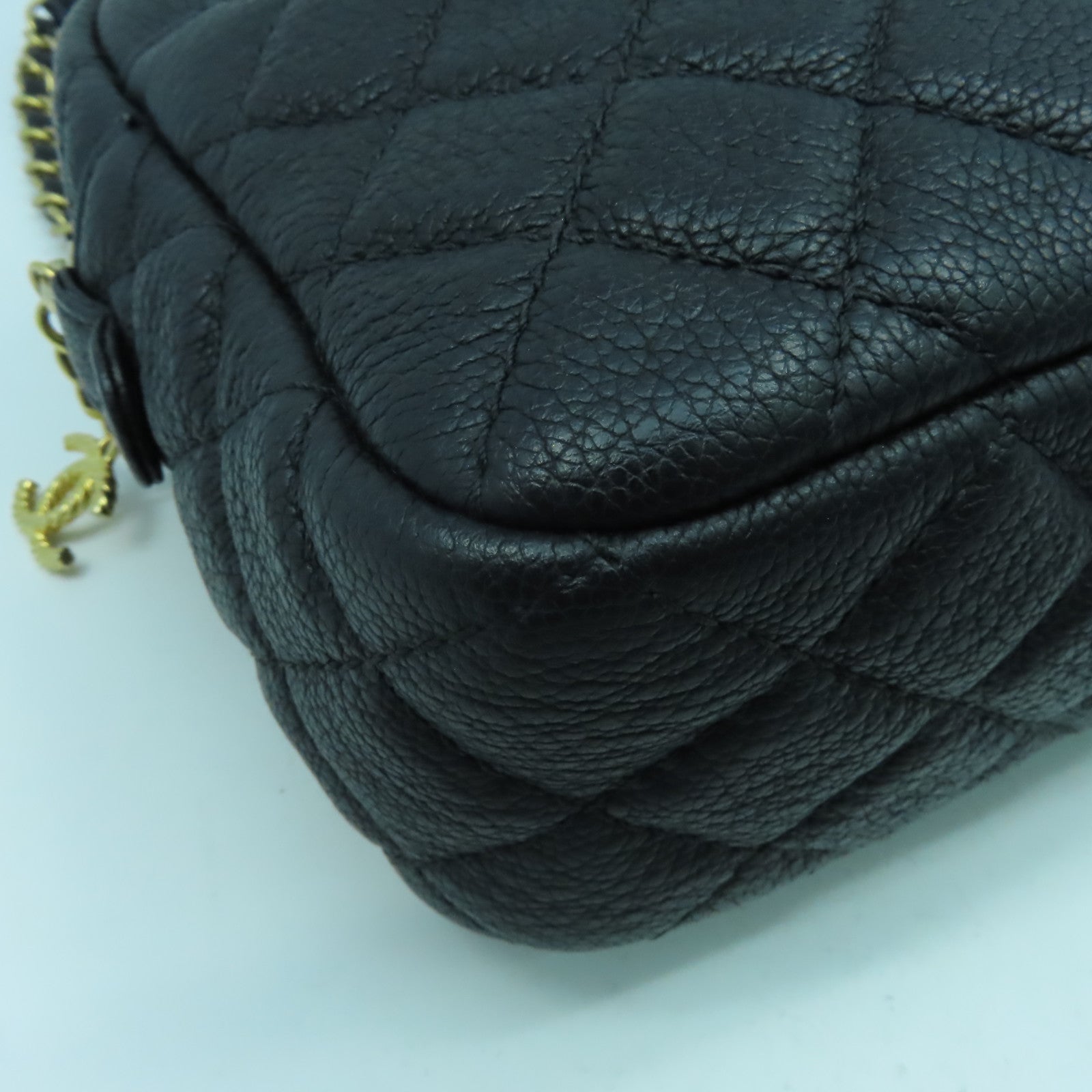 CHANEL 菱格牛皮皮革Chain Shoulder金扣鏈帶肩背袋黑色