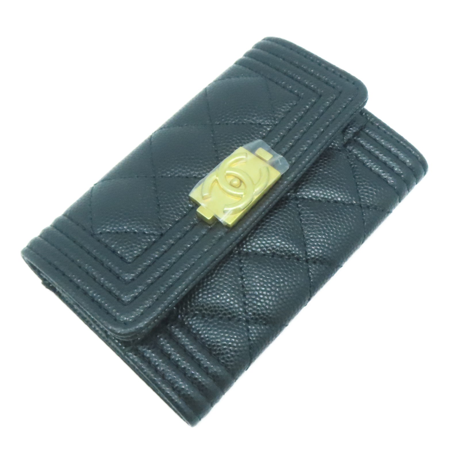 CHANEL 菱格Caviar皮革Boy Card Case金扣卡片套黑色