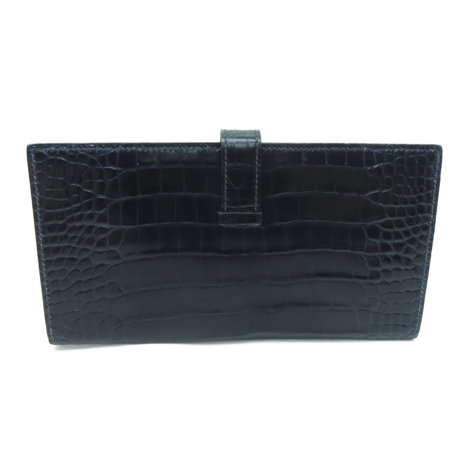 HERMES [Sharp Discount] Alligator Leather Bearn Long Wallet Gold Buckle Long Wallet Marine/Dark Blue
