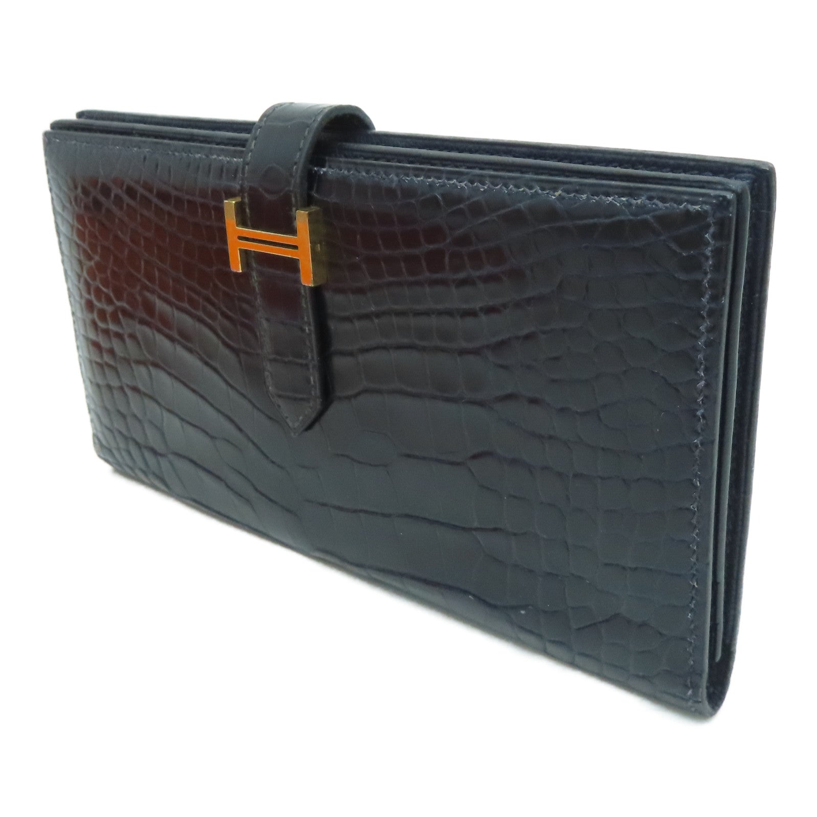 HERMES [Sharp Discount] Alligator Leather Bearn Long Wallet Gold Buckle Long Wallet Marine/Dark Blue