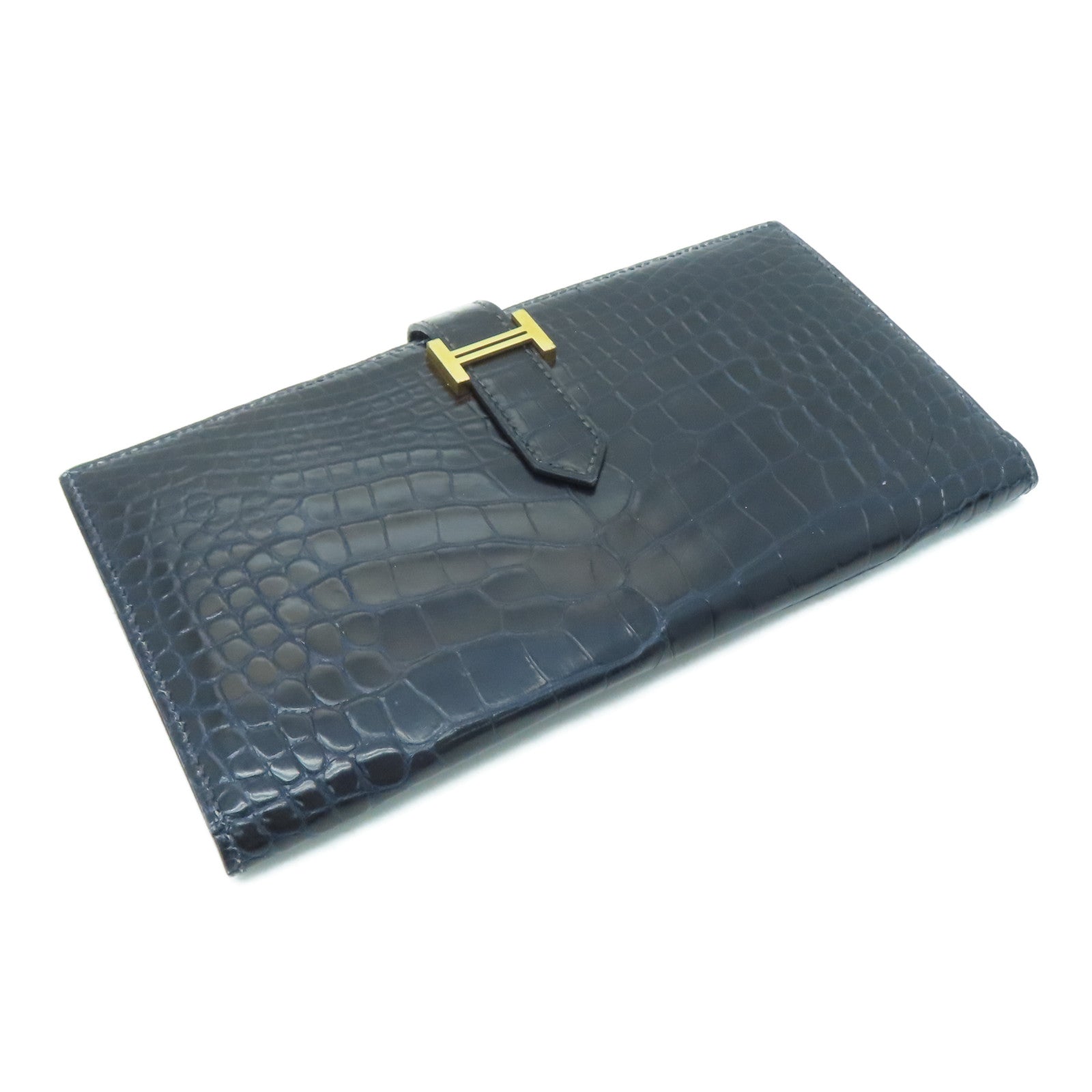 HERMES [Sharp Discount] Alligator Leather Bearn Long Wallet Gold Buckle Long Wallet Marine/Dark Blue