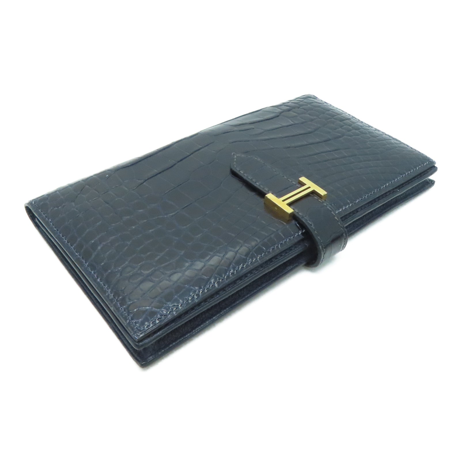 HERMES [Sharp Discount] Alligator Leather Bearn Long Wallet Gold Buckle Long Wallet Marine/Dark Blue