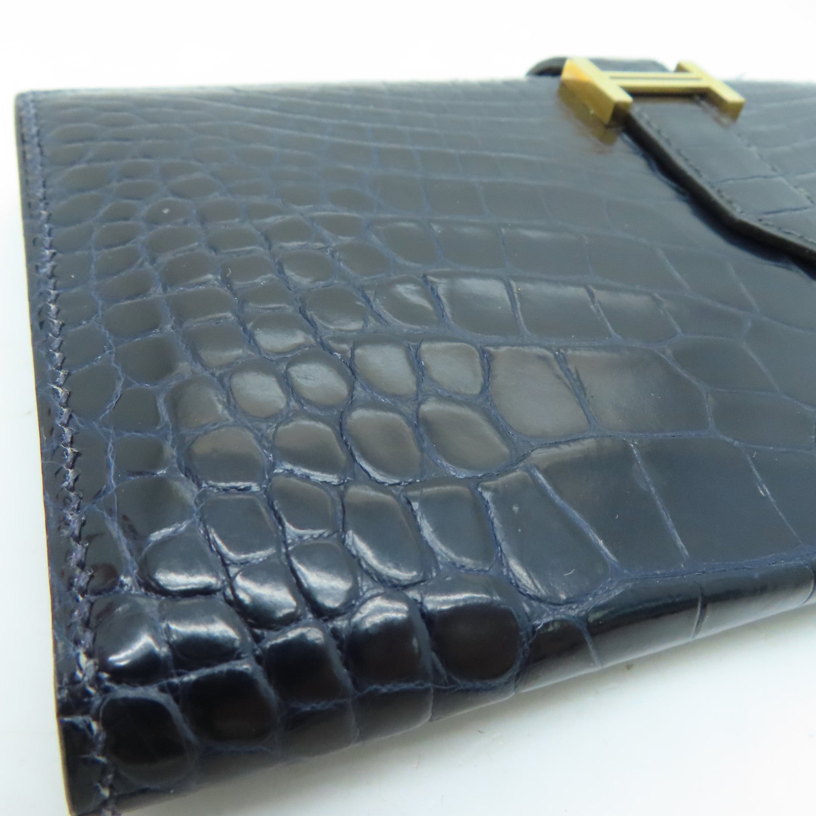 HERMES [Sharp Discount] Alligator Leather Bearn Long Wallet Gold Buckle Long Wallet Marine/Dark Blue