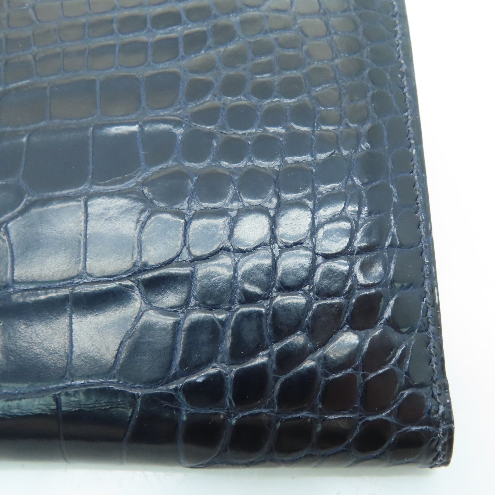 HERMES [Sharp Discount] Alligator Leather Bearn Long Wallet Gold Buckle Long Wallet Marine/Dark Blue