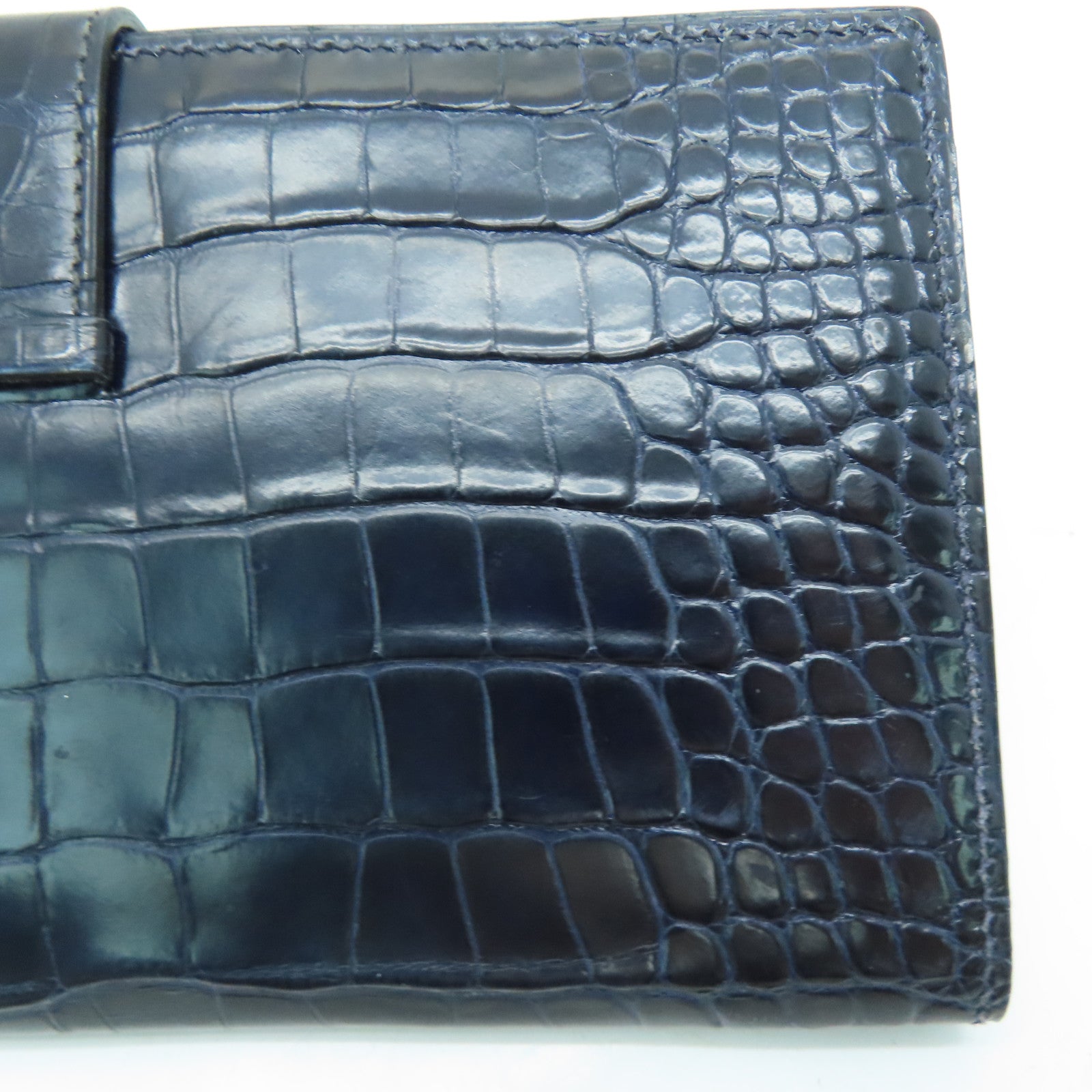 HERMES [Sharp Discount] Alligator Leather Bearn Long Wallet Gold Buckle Long Wallet Marine/Dark Blue