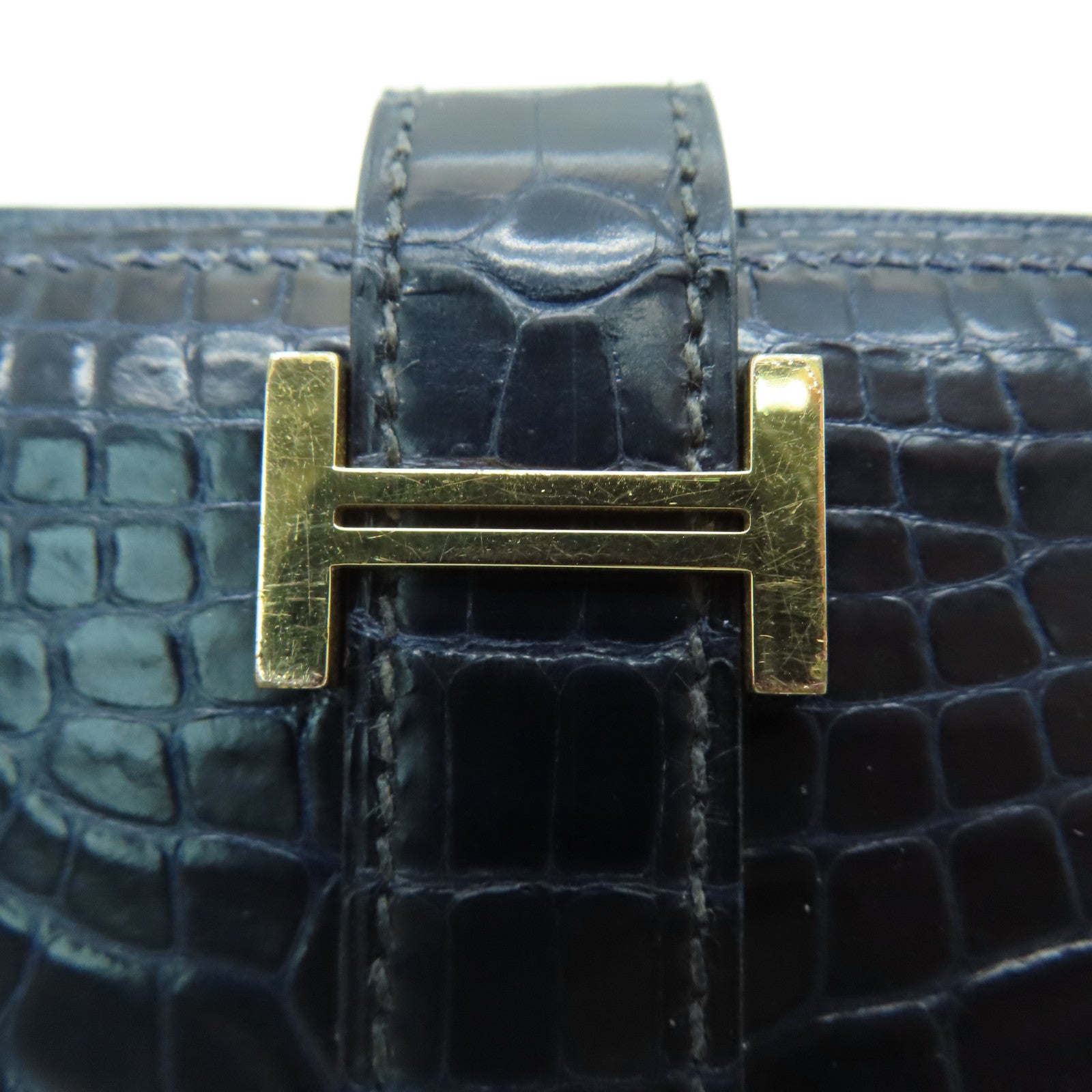 HERMES [Sharp Discount] Alligator Leather Bearn Long Wallet Gold Buckle Long Wallet Marine/Dark Blue