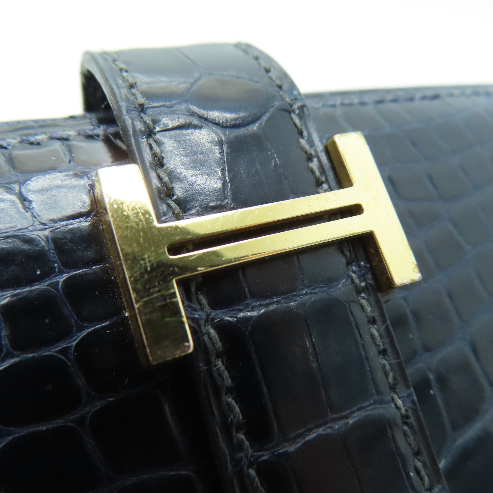 HERMES [Sharp Discount] Alligator Leather Bearn Long Wallet Gold Buckle Long Wallet Marine/Dark Blue