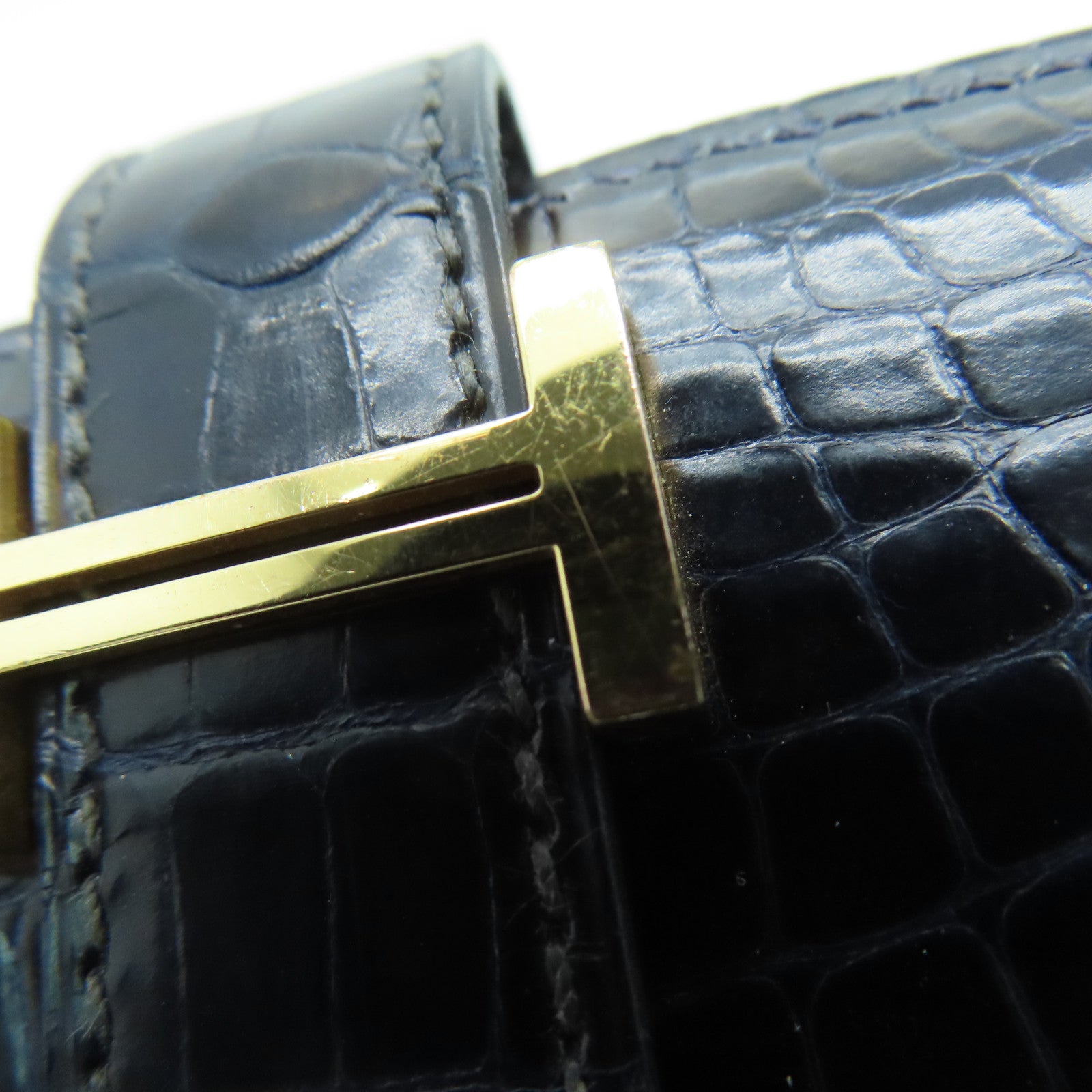 HERMES [Sharp Discount] Alligator Leather Bearn Long Wallet Gold Buckle Long Wallet Marine/Dark Blue
