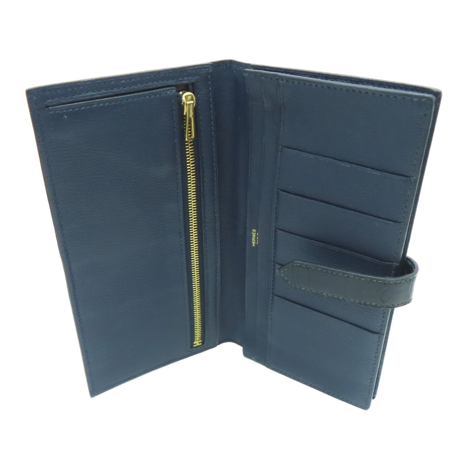 HERMES [Sharp Discount] Alligator Leather Bearn Long Wallet Gold Buckle Long Wallet Marine/Dark Blue