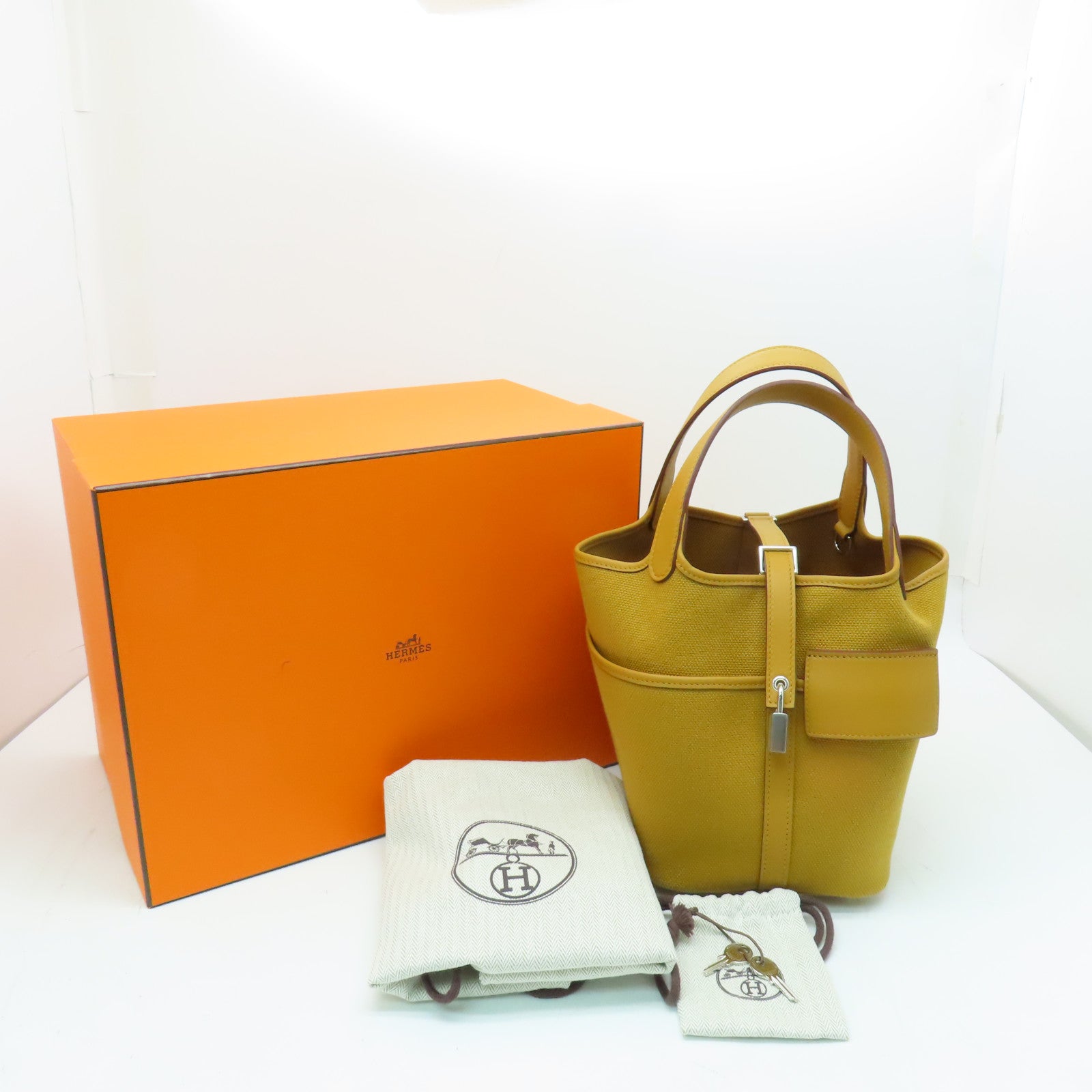 HERMES 帆布Picotin PM Cargo銀扣手挽袋啡色
