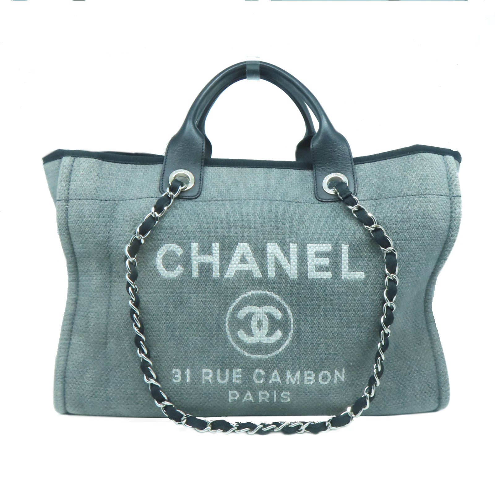 CHANEL 帆布Deauville Tote Bag銀扣手挽袋灰色