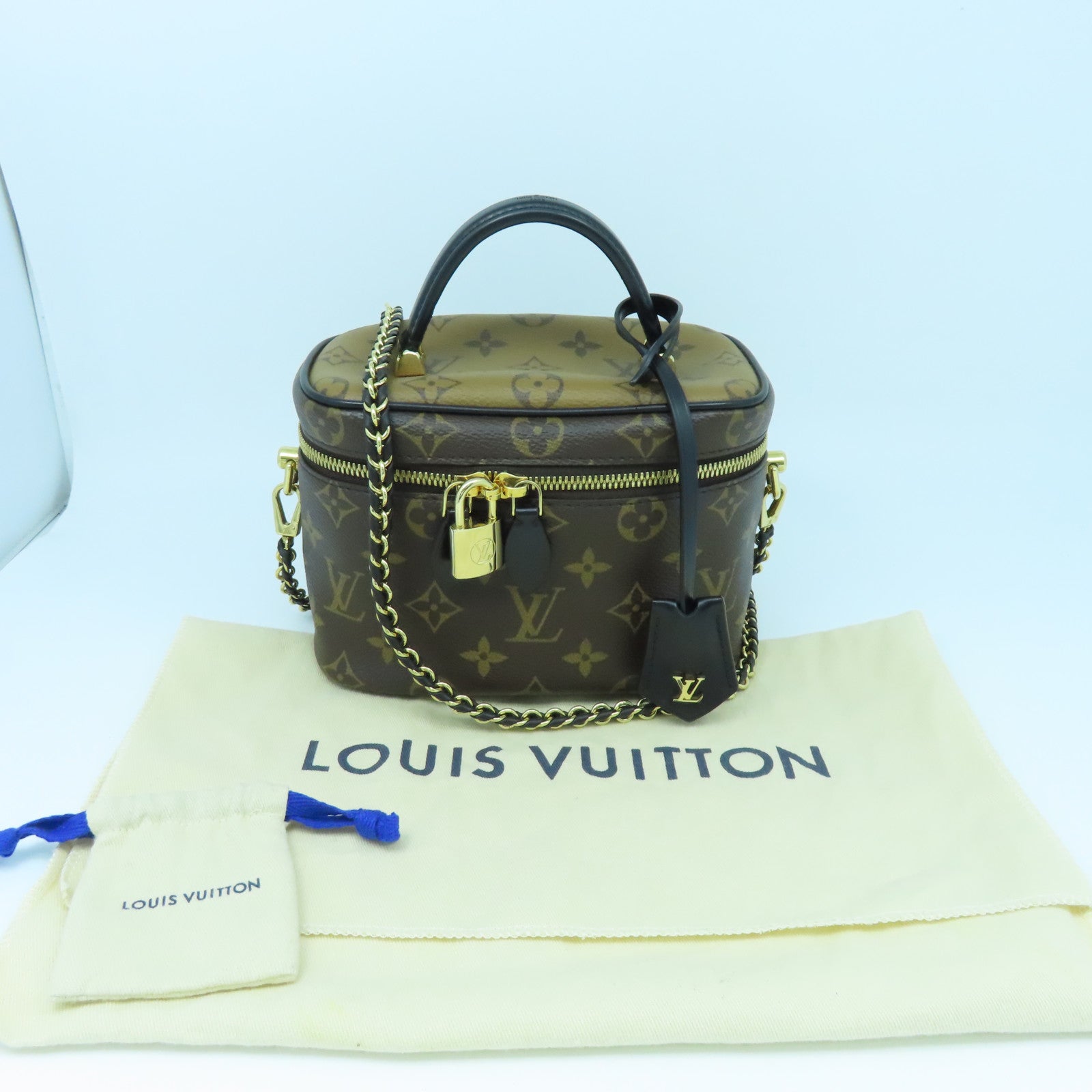 LOUIS VUITTON Monogram Vanity PM Gold Buckle Handle Shoulder Bag Brown